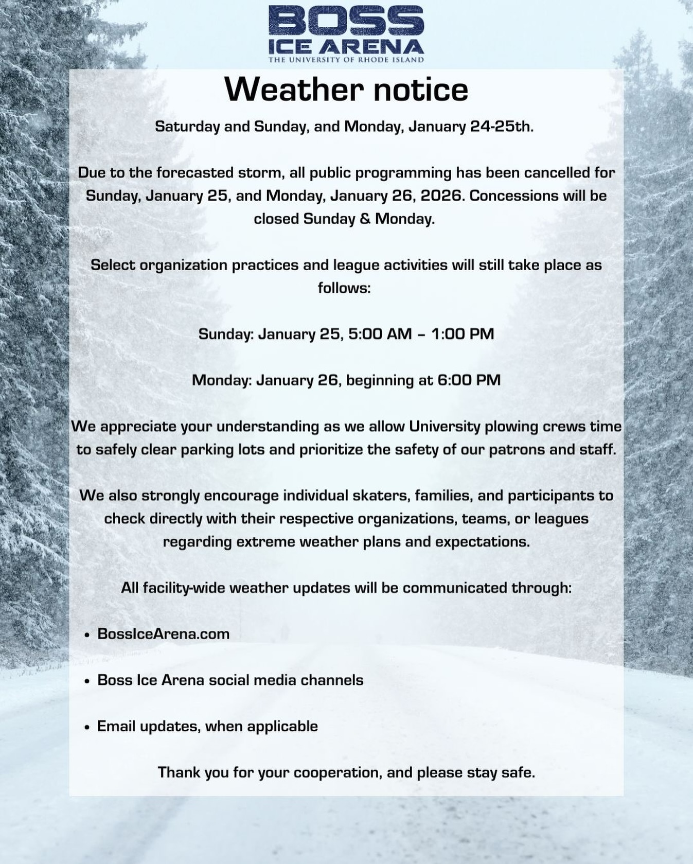 Weather notice for this weekend from Boss Ice Arena! ❄️