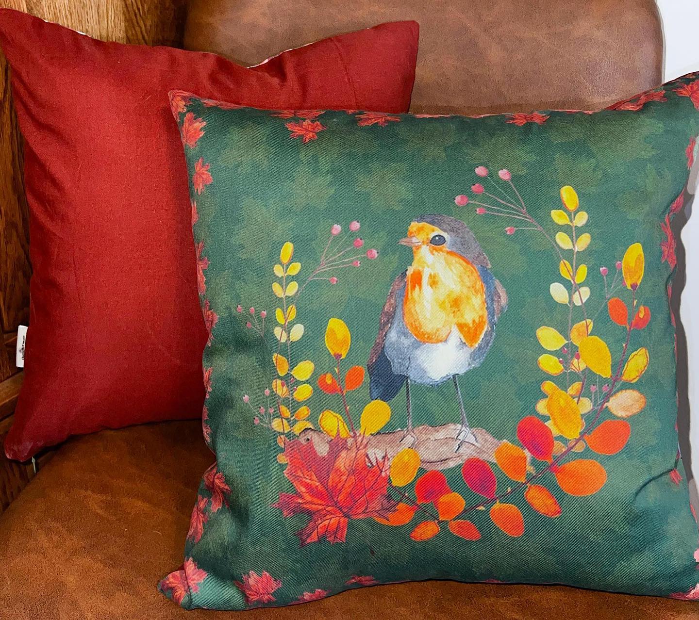 Autumn Robin Cushion. Hand drawn print and hand made with sustainable fabrics. Available to buy on my Etsy and website. Links are in my bio. #sustainable #textilesdesign #autumn #smallbusiness #interior