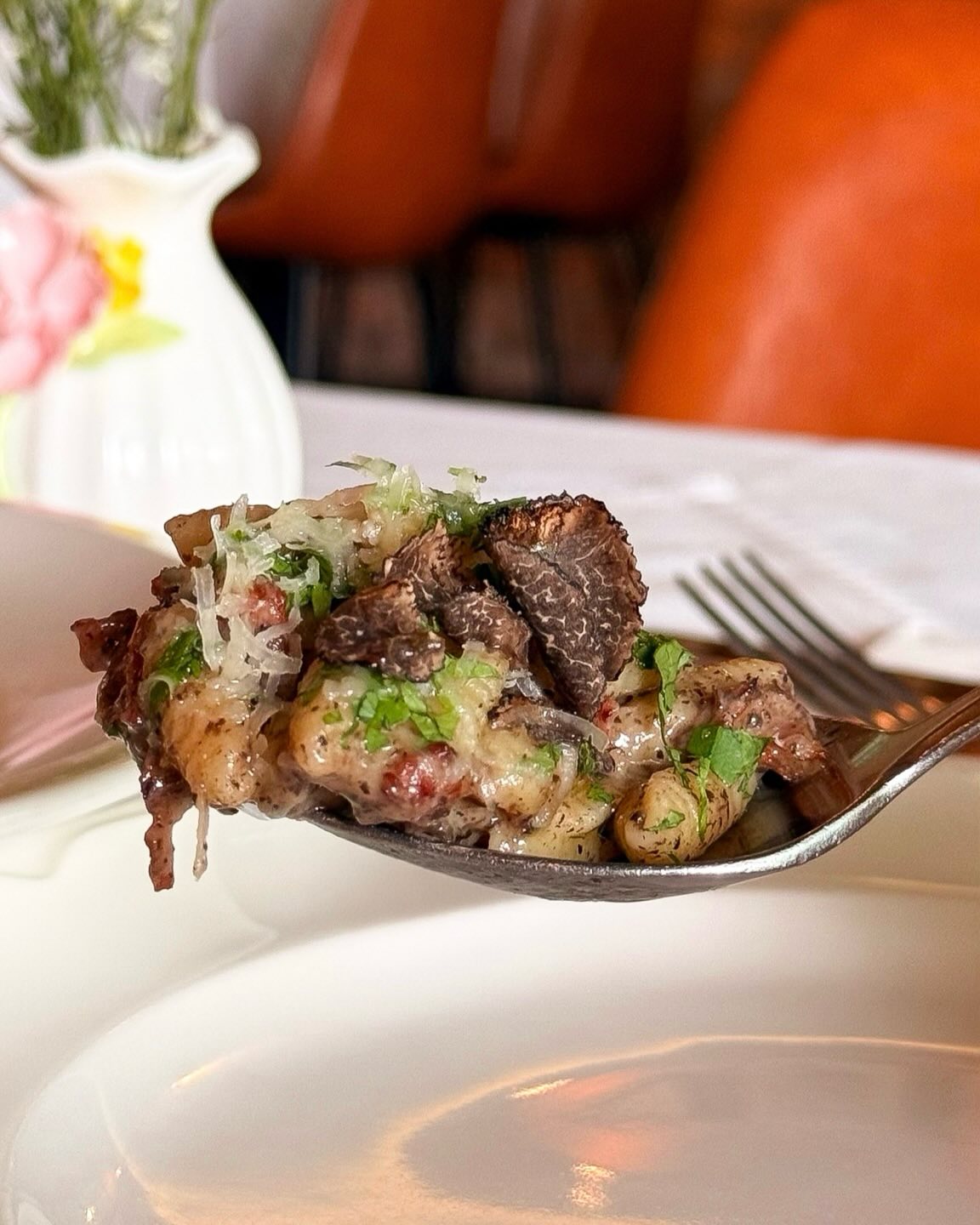 Some dishes disappear faster than expected. David’s gnocchetti with truffle sauce is one of them.
Think flavour-packed morels and button mushrooms, savoury bits of beef bacon and pasta coated in a rich, unctuous truffle sauce. Served with heaping of pecorino cheese and shaved black truffles on top.
Buonissimo!