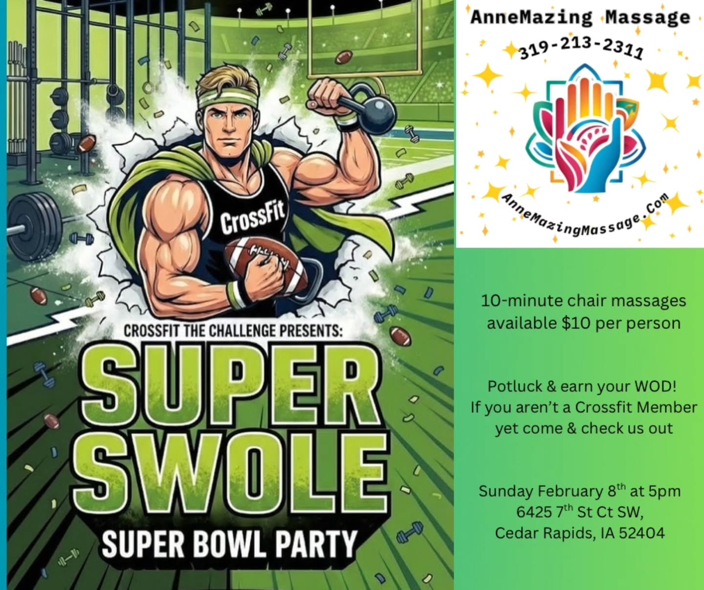 We're teaming up with @AnneMazingMassage at our Super Swole Super Bowl Party Sunday Feb 8th at 5pm @crossfittc to help you relax and grab some snacks while you hang out with our tribe and watch the game with us all!
Call Anne to book your massage on site!
319-213-2311