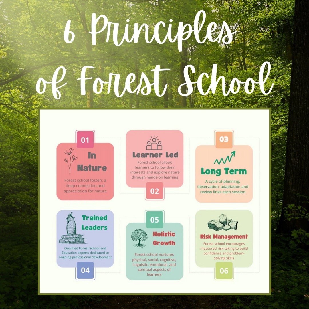 The 6 Principles of Forest School
The six key principles of forest school are:
Forest School is a long-term process of regular sessions, rather than one-off or infrequent visits. The cycle of planning, observation, adaptation and review links each session.
Forest School takes place in a natural or woodland environment to support the development of a lifelong relationship between the learner and the natural world.
Forest School aims to promote the holistic development of all involved, fostering resilient, confident, independent and creative learners.
Forest School offers learners the opportunity to take supported risks appropriate to the environment and to themselves.
Forest School is run by qualified Forest School practitioners, who continuously maintain and develop their professional practice.
Forest School uses a range of learner-centred processes to create a community for being, development and learning.