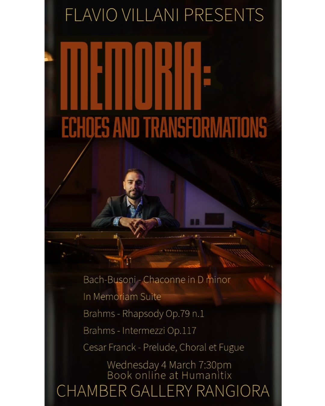 Memoria: Echoes and Transformations, explores how sound carries memory, reshapes emotion, and reveals new inner landscapes through its unfolding arcs. Flavio Villani is an Italian- New Zealand pianist recognised for his expressive performances and international artistic activities. Book online at Humanitix- Wed 4 March intimate music, intimate setting #artswaimakariri @ghibli84