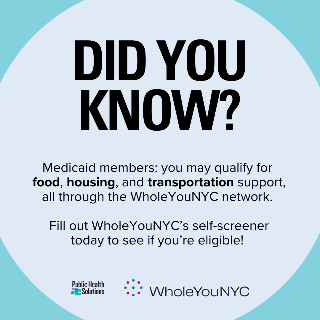 Did you know we’re part of the @wearephsny WholeYouNYC network? We can help Brooklyn, Queens, and Manhattan-based Medicaid members connect with benefits like food, transportation, and housing support.
Use the self-screener: https://bit.ly/wynycfindservices
Or call for assistance: 888-755-5045
