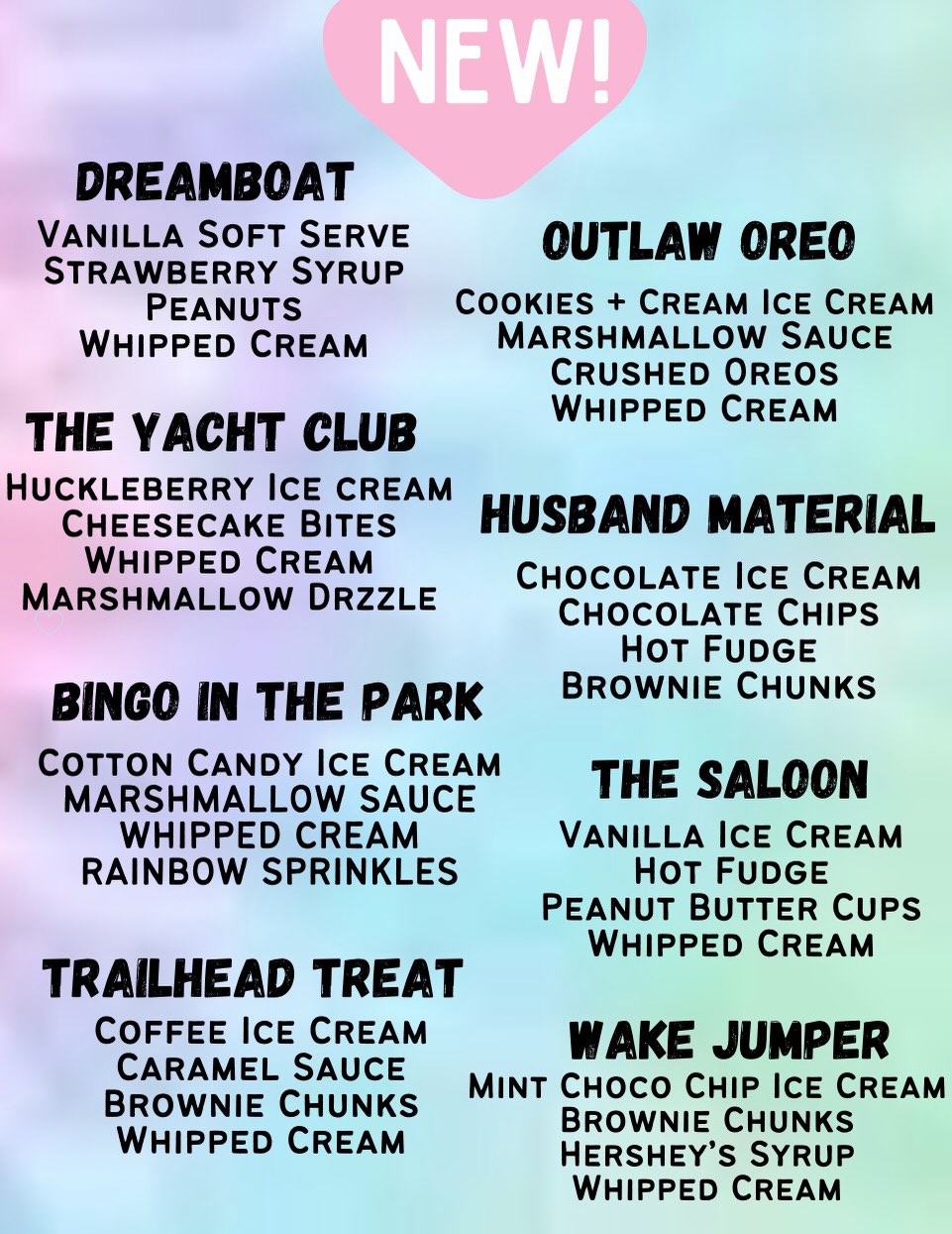 โจ2026 MENU SNEAK PEAK โจ Check out snippets of some of the new/updated items coming this summer! Along with our classic line up of sundaes, we will have a NEW SUNDAE section that you may discover a new favorite! ๐ฆOur custom energy drink section will be updated & expanded and found on a separate menu poster. Along with our Red Bull Drinks and Lotus Plant Power Drinks, we will also be introducing Alani Nu! You can have these drinks mixed with your favorite flavors and add ins or Make it Dirty with sweet cream, whipped cream, or marshmallow sauce! โก๏ธ Bringing it back from the past and better than ever, we will have a more official Dirty Soda menu! ๐ฅคAlong with our usual bobas and jellies, we will be replacing the Strawberry Heart jellies with Rainbow Jellies! ๐ Our Milk Tea menu will continue to have tons of options, this year we will bring back the favorites from last year and add a few fun new options like Cookies & Cream & Chocolate! ๐งOur classic snow cone menu will now show off new Add-Ins. Try Marshmallow Drizzle, Soft Serve Swirls, Nerds Candy, Sour Spray, or Edible Glitter to take your snow cone to the next level. โ๏ธ From Red Bull Floats to new ice cream toppings like Cheesecake Bites, you will discover so many new and tasty changes to our already awesome menu. Canโt wait for you all to see it! โ๏ธโ๏ธ _____ #grandlake #grandlakecolorado #grandcounty #rockymountains #icecream