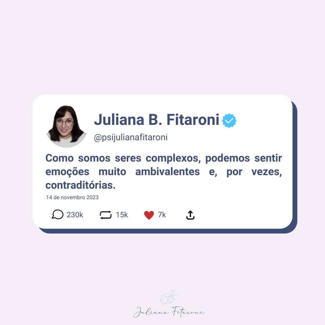 Olá, pessoal!
Na dança complexa das emoções, às vezes nos encontramos no meio de sentimentos ambivalentes. 🌗💭
Já pensaram que amamos e odiamos, ao mesmo tempo, algo ou alguém? Que podemos sentir raiva e saudades ao mesmo tempo?
Pois precisamos lidar com a complexidade humana, abraçando nossas emoções! 🌱
Juliana B. Fitaroni
Psicóloga
CRP 18/02964
#emoções #psicoterapia #abordagemcentradanapessoa
#psicologiacuiaba