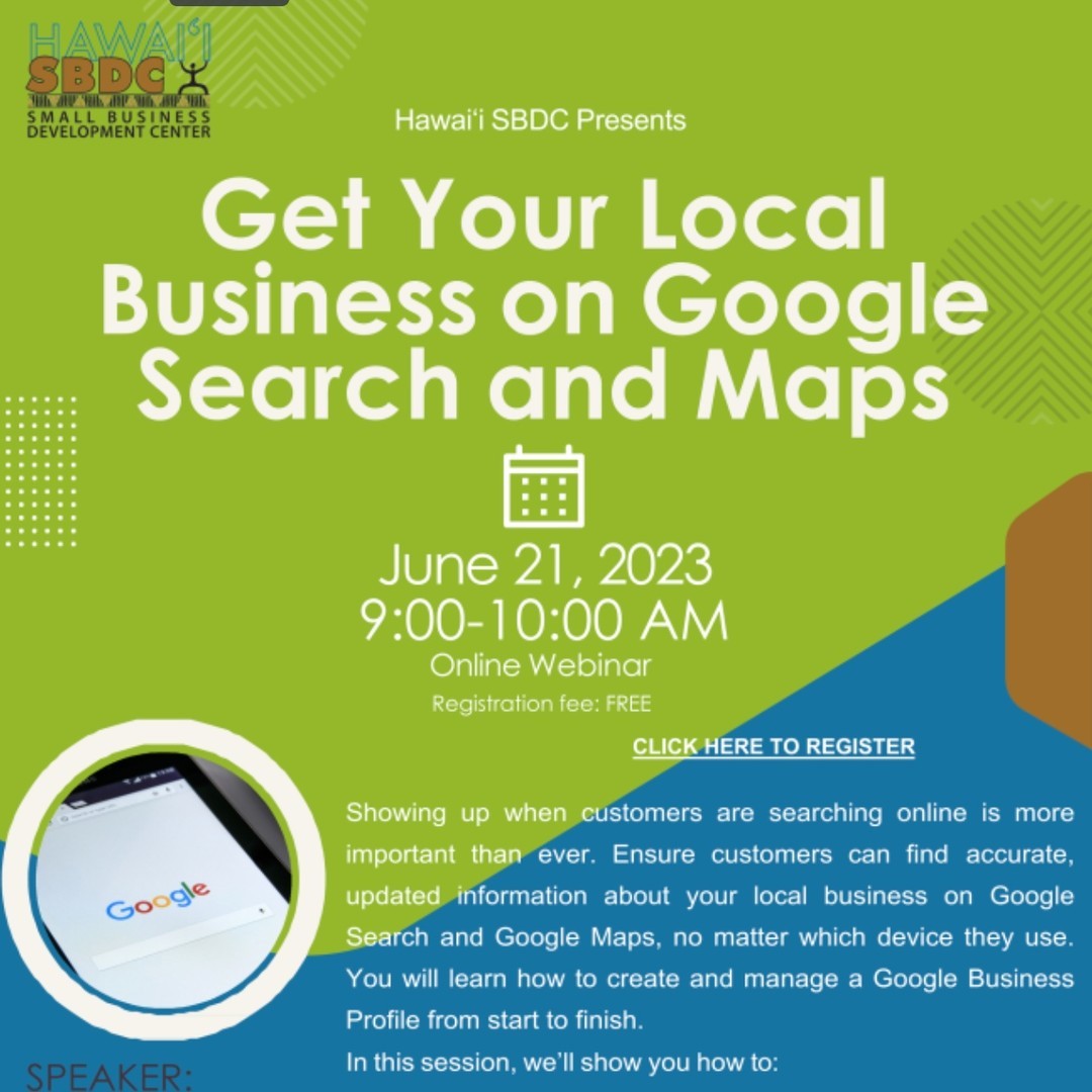 Get help setting up your Google Business Profile in this free online workshop from SBDC on Wed June 21 at 9:00am. The Hawai‘i SBDC is a program of the University of Hawai‘i at Hilo funded in part by the U.S. Small Business Administration.
Register here: https://clients.hisbdc.org/workshop.aspx?ekey=1430009
#diymarketing #solopreneur #entrepreneur #smallbusiness #freeevent #workshop #SEO @hisbdc.org