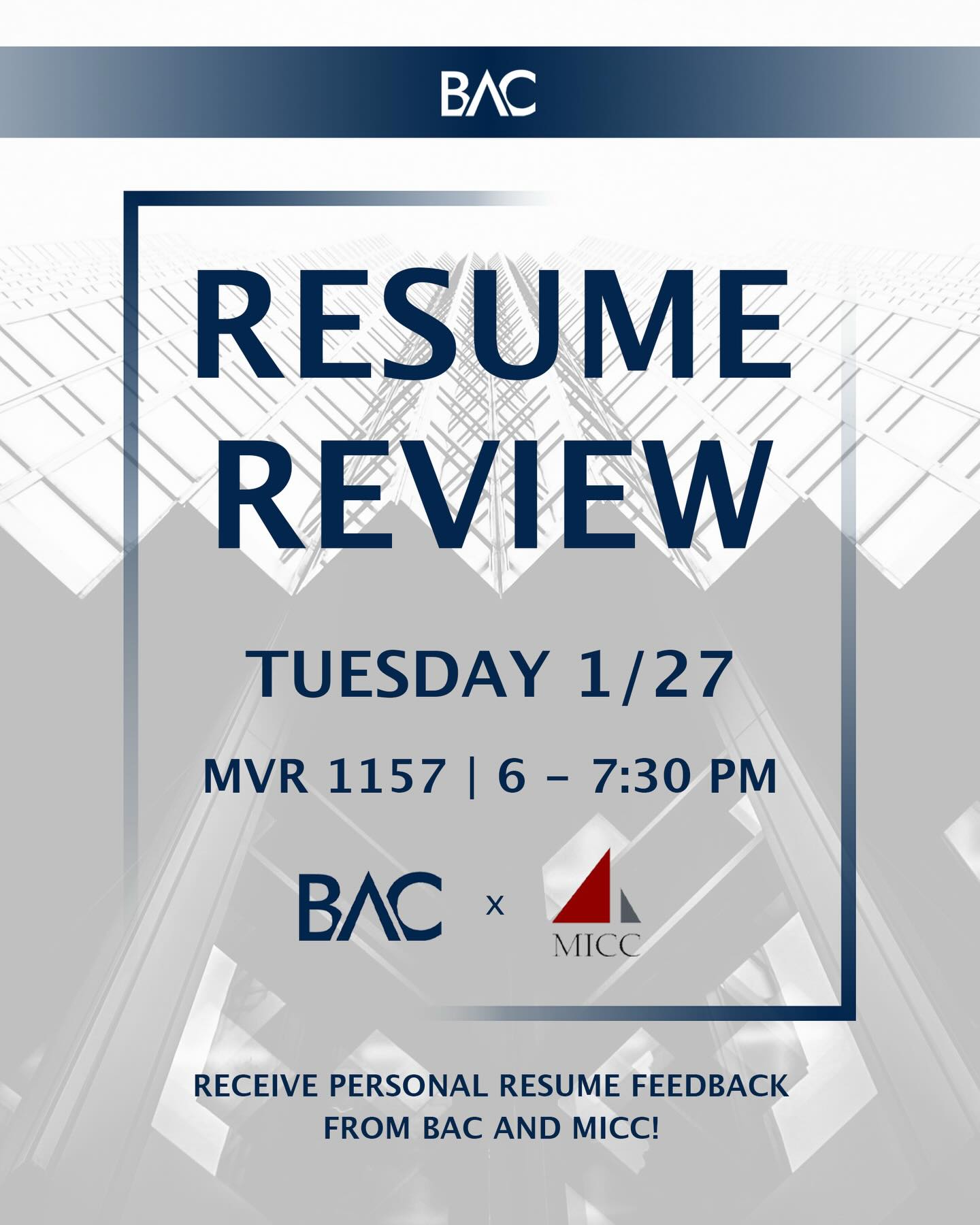 We’re excited to host our resume review tonight alongside MICC! Come receive personalized feedback and meet some of our members. See you all there 🎉