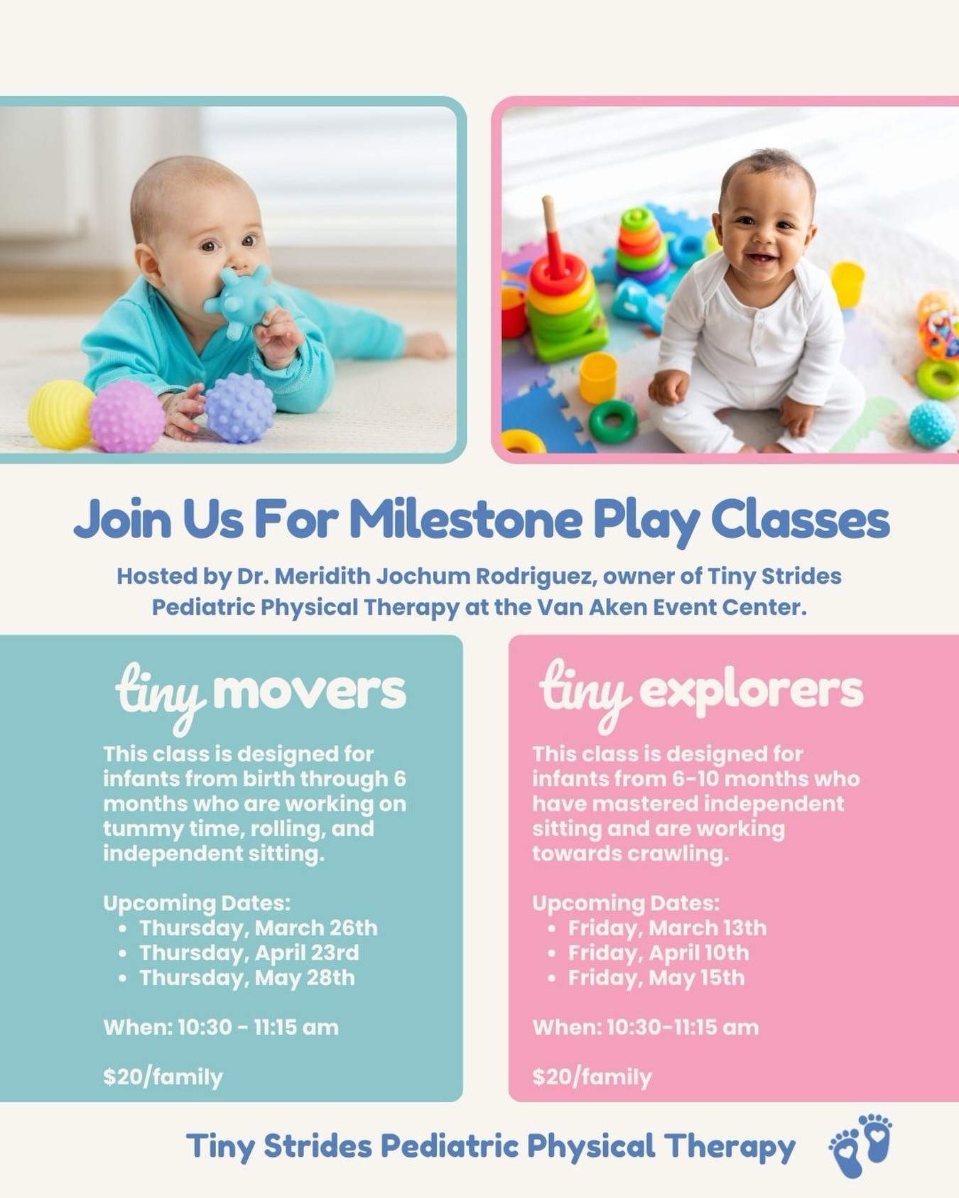 ✨ Milestone Play Classes are coming to the Van Aken District! ✨
I’m so excited to host Milestone Play Classes at the Van Aken District Event Center (above Paloma!) — these classes will be a time to play, have questions answered, and connect with other families and littles 🤍
👶 Tiny Movers (birth–6 months):
Focusing on tummy time, rolling, sitting, and early gross motor skills
👶 Tiny Explorers (6–10 months):
For babies who’ve mastered sitting and are working toward crawling
💡 Please join based on your little one’s milestone stage, not age — every baby develops on their own timeline.
$20 per family
🔗 Sign up via the link in my bio
I’d love to see you and your little ones there!