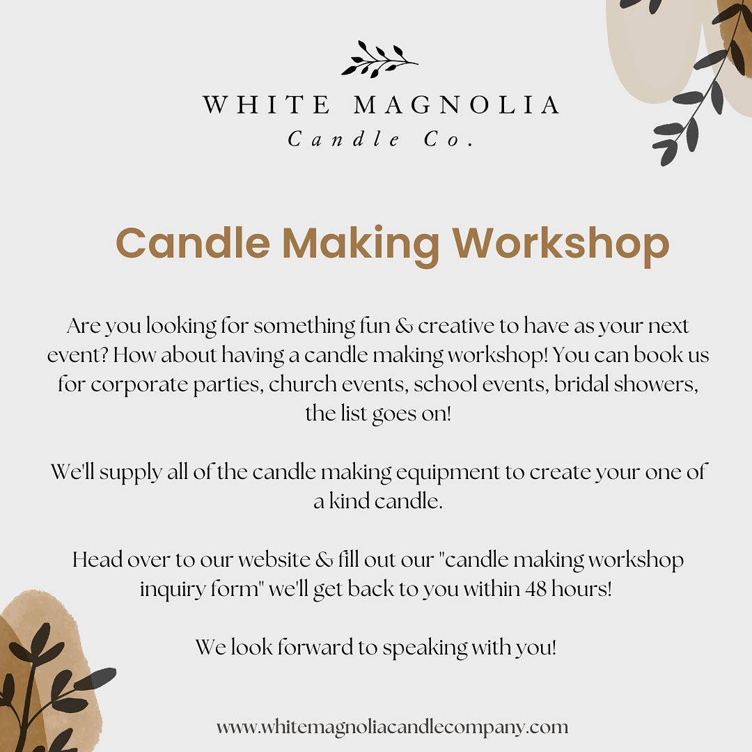 Book us to host a candle making workshop at your school, corporate party, church event, private party, etc.
We’ll provide all of the candle making equipment, games & prizes. Head over to our website & fill out our “candle making workshop inquiry form”.
We look forward to speaking with you!
www.whitemagnoliacandlecompany.com
#candlemakingworkshop #arkansas #soycandles #farmhouse #farmhousecandles #gno #corporateparties #schoolevents #churchevents #candles