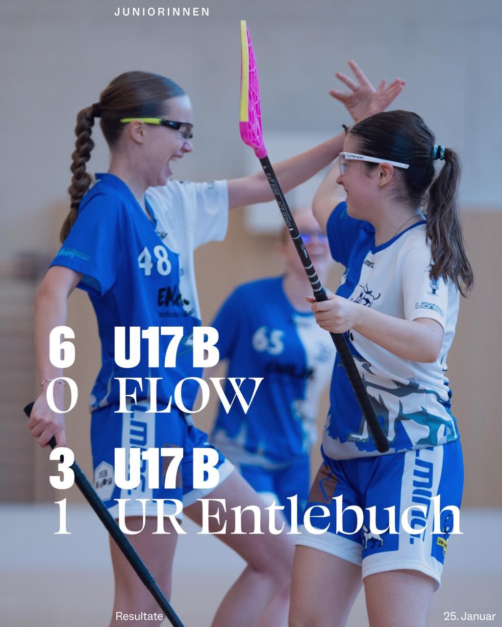 RESULTATFLASH JUNIORINNEN 🦁
🔵⚪️
U21b:
❌ vs. @redlionsfrauenfeld
🟰 vs. @unihockey_basi_nueri
🔵⚪️
U17b:
✅ 6:0 vs. @uhcsharks_floorballobwalden
✅ 3:1 vs. @uh.regioentlebuch
🔵⚪️
#swissunihockey #lioness #innebandy #salibandy #floorball