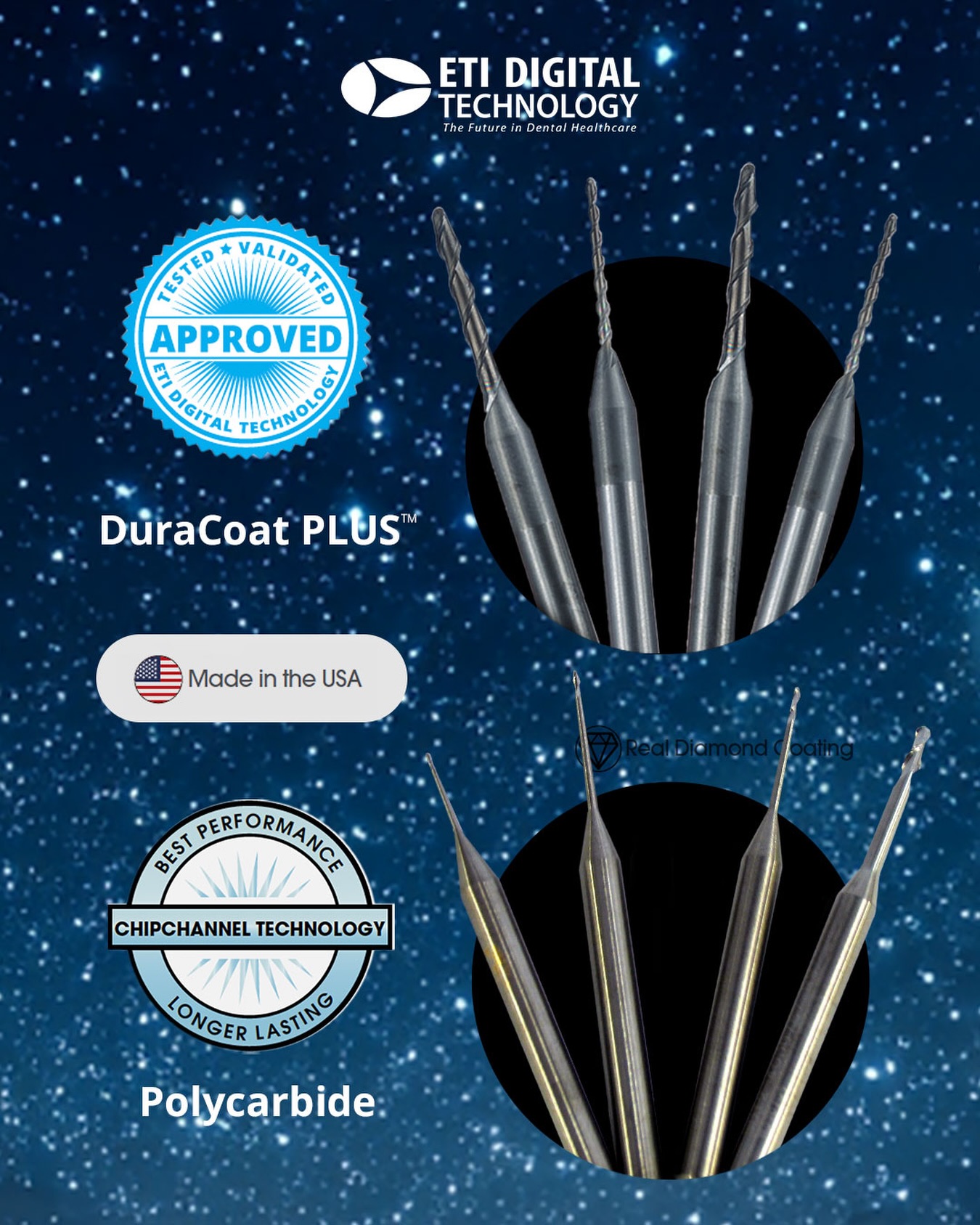 Have you tried ETIās DuraCoat and PolyCarbide Milling Tools? š
.
š ETIās DuraCoat PLUS Milling Tools are made with a real š diamond coating, which are perfect for milling Zirconia with š high precision - while the PolyCarbide Milling Tools are made of solid, high-grade carbide, which are ideal for milling PMMA and Wax. These tools significantly reduce margin chipping and provide the best return on investment per unit cost! šøš¤©
.
āļø Contact ETI Digital Technology at š 714-238-1490 or š§sales@etidigitaltechnology.com information or to place an order today! šš„³
#DentalMilling #MillingTools Ā #PolyCarbide #DuraCoat #DiamondCoated
