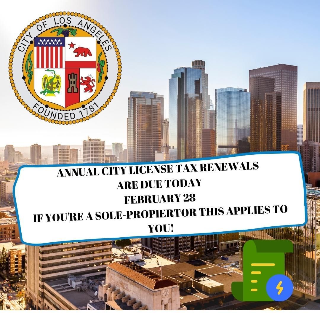 City License Business Tax Renewals are due today!
You must report your gross receipts to the office of finance. As long as you make less than 100,00 gross and file on time, you pay $0 in taxes to the city.
Reach out to us if you need help filing yours
818-899-6404
