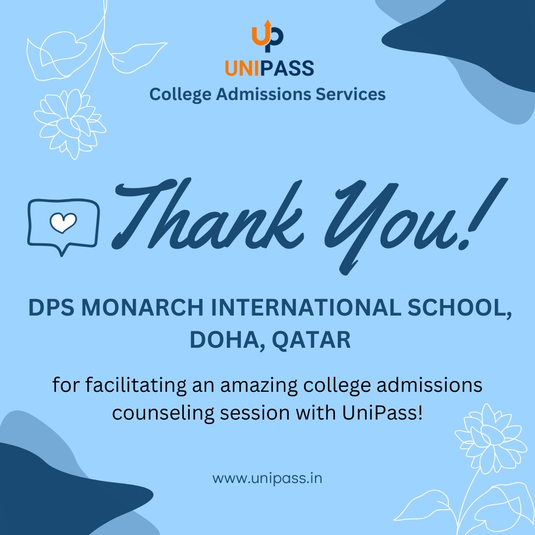 🎓 A big thank you to DPS Monarch International School, Doha @dpsmonarch for facilitating an amazing college admissions counseling session with UniPass! 🙌🏼 It was a pleasure to connect with your talented students and provide them with insights on higher education options in India and abroad. 🌍✨
We're excited to be a part of their journey towards academic success and future achievements. 🚀
If you're ready to unlock your potential and need personalized college counseling, reach out to us today! 💡
📧 Contact us: info@unipass.in
🌐 Visit: www.unipass.in
📞 Call us: +91 7903363632 | +91 7204893090
#CollegeCounseling #UniPass #HigherEducation #FutureLeaders #DreamCollege #DPSMonarchDoha #CollegeAdmissions #AcademicSuccess #DohaStudents