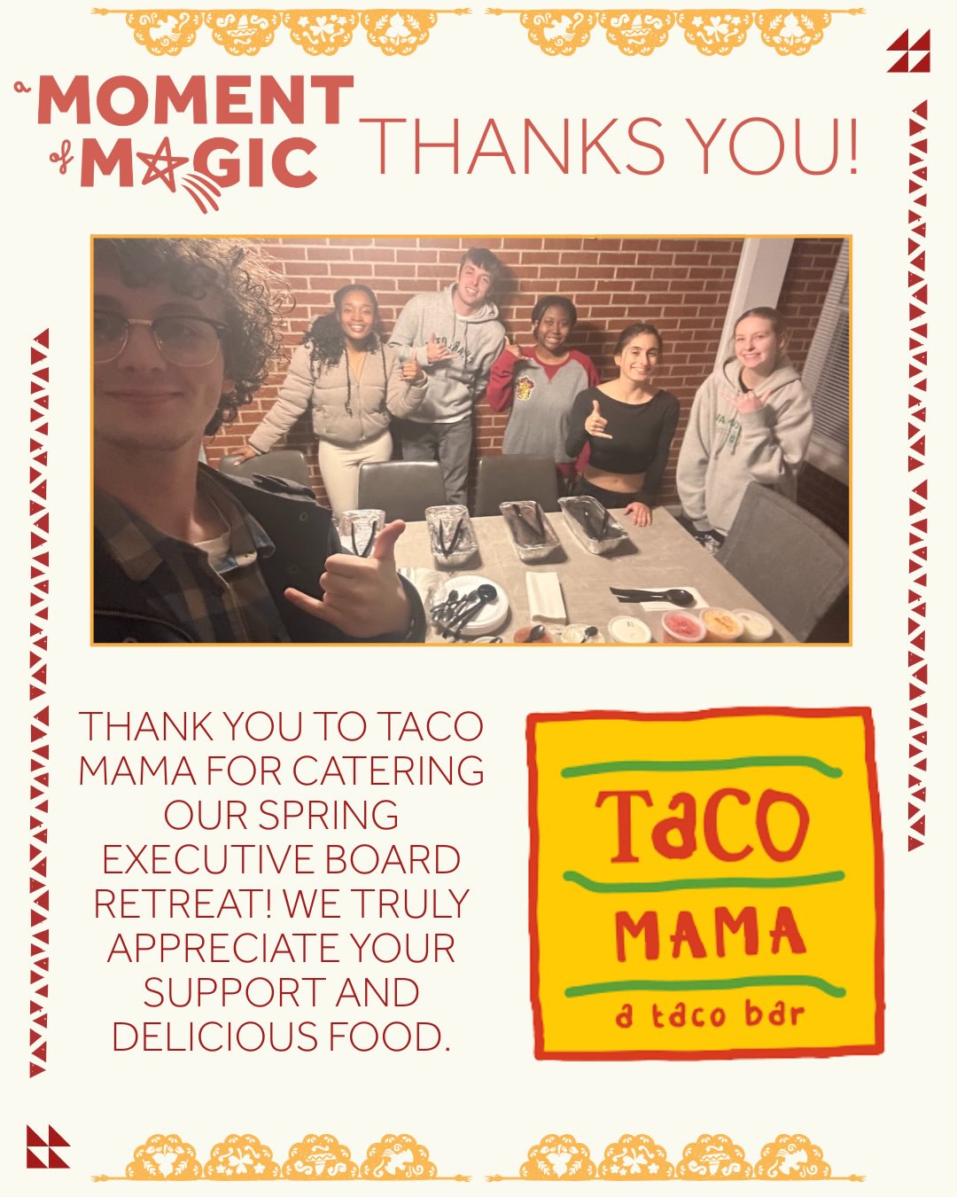 Fueled by tacos & magic ✨🌮 Thank you Taco Mama for supporting A Moment of Magic at UNC Charlotte during our Spring Retreat! #amomentofmagic #unccharlotte #magicmaker #magic #tacomama