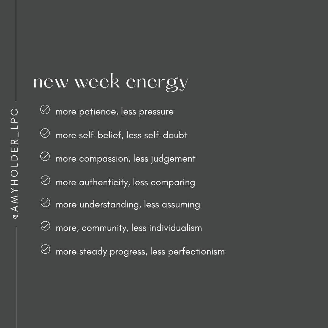 Let the energy this week be more peace and less pressure, especially for the ones who feel like they carry it all and hold everything together for others.
This week doesn’t need you to over perform. Choose calm, choose control, and choose you. It’s okay to move slower and with more intention.
What else can you find more of this week?
#mentalhealthmatters #therapytalk #selfcare #mentalhealthawareness #mentalhealthprofessional