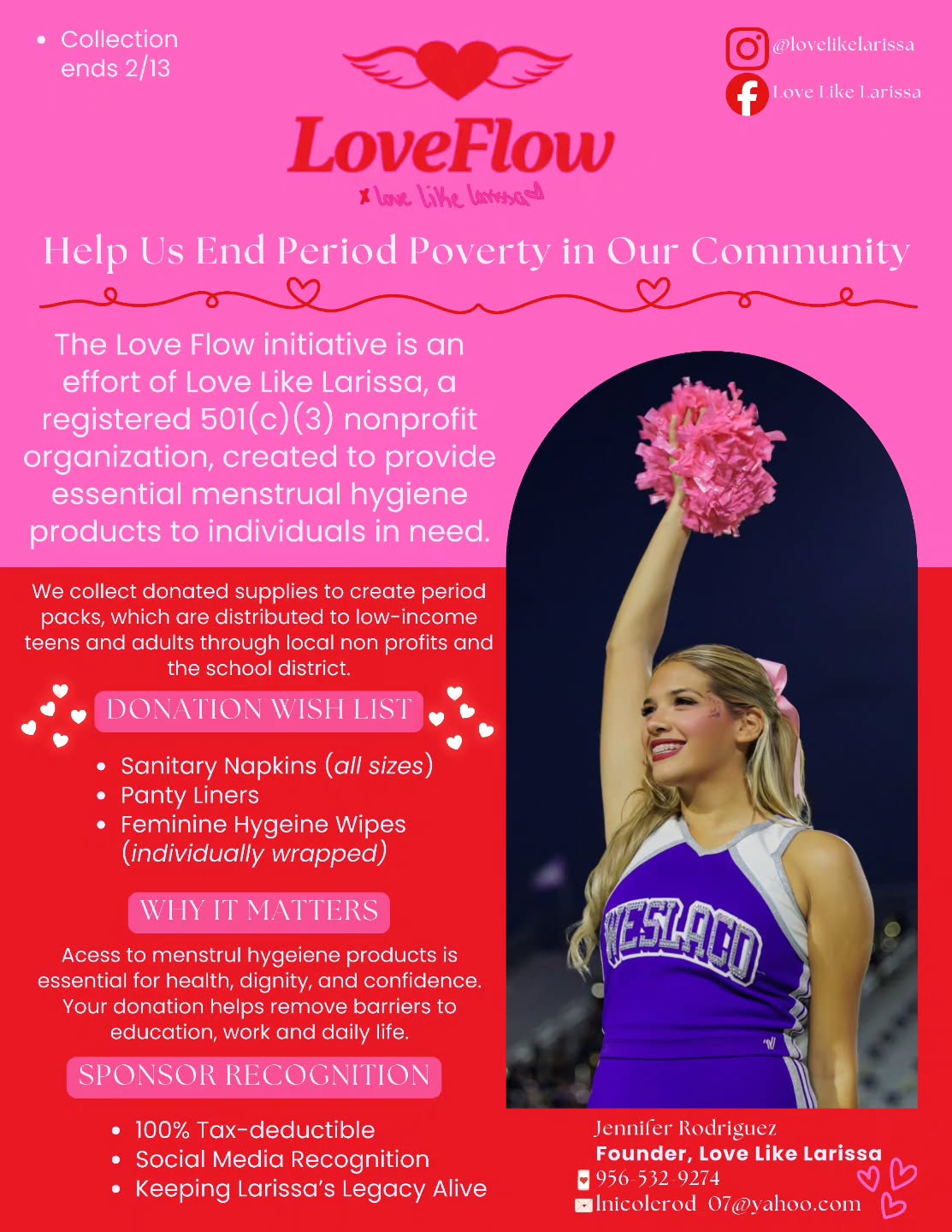 ✨️SERVICE PROJECT ANNOUNCEMENT✨️
TCM is honored to be part of this service project with Love Like Larissa. We will be collecting items for Love Flow and helping provide feminine products to low-income teens and adults. If you would like to participate, please reach out to us or Jennifer.
You can donate directly, send donated supplies, or create your own drive to distribute in your community.
We want to encourage others to Love Like Larissa so we not only honor her memory, but carry on her service efforts that left such a lasting impact.
#thecrowningmoment #volunteer #service #kindness #lovelikelarissa @lovelikelarissa @jenna_rodz @miss.henley.rodrigue