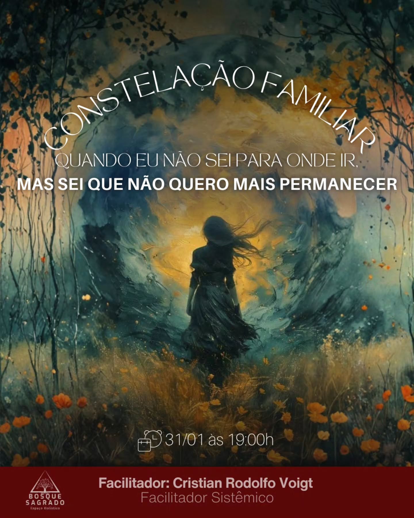 ✨
CONSTELAÇÃO FAMILIAR EM GRUPO
Quando eu não sei para onde ir,
mas sei que não quero mais permanecer.
Há momentos em que o caminho ainda não se revela,
mas o coração já sabe: *Ficar não é mais opção!*
Esse encontro é para quem:
✨️sente estagnação
✨️vive repetições que cansam
✨️percebe que algo precisa mudar, mesmo sem saber como.
A Constelação abre um campo seguro para olhar o que prende,
honrar o que foi
e permitir que a vida volte a se mover.
Às vezes, não é sobre saber o destino.
É sobre ter coragem de sair do lugar.
🗓 31/01 (sábado)
🕖 19h
💰R$55,00 (Representante) - PIX ou cartão.
📌 @obosquesagrado
📩 Informações e inscrições pelo site ou diretamente comigo
#constelacaofamiliar
#constelacaoemgrupo
#constelacaosistemica
#constelaçãofamiliarsistêmica
#constelaçãofamiliaremgrupo