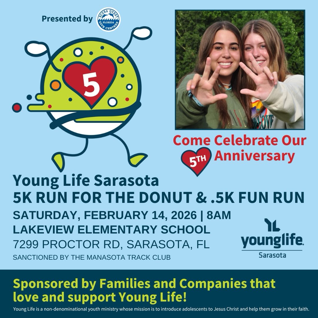 Lace up, Sarasota! 🏃♀️🍩
The Young Life Run for the Donut is here!Sunshine, community, and a donut waiting at the finish line.
Run, jog, walk… just don’t miss the fun! My daughter and I are signed up! See you there!
#RunForTheDonut #YoungLifeSarasota #SarasotaEvents #RunLocal