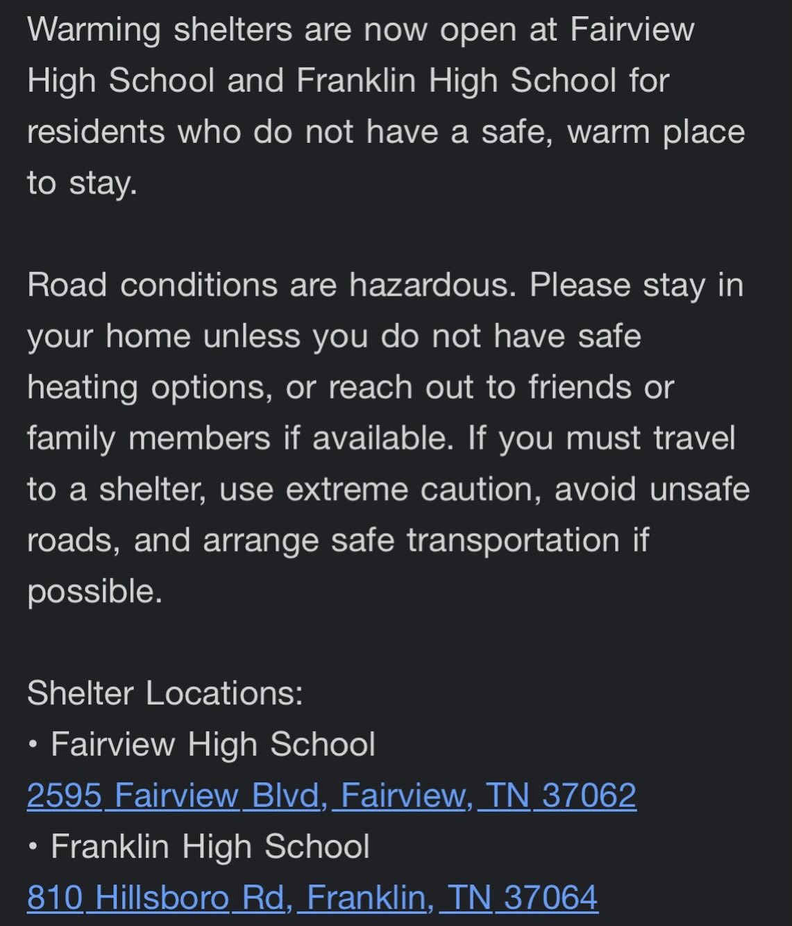 For anyone that is in need of getting warm. Franklin High has opened its doors to people, dogs, and cats. #franklintn #icestorm #winterweather #pets