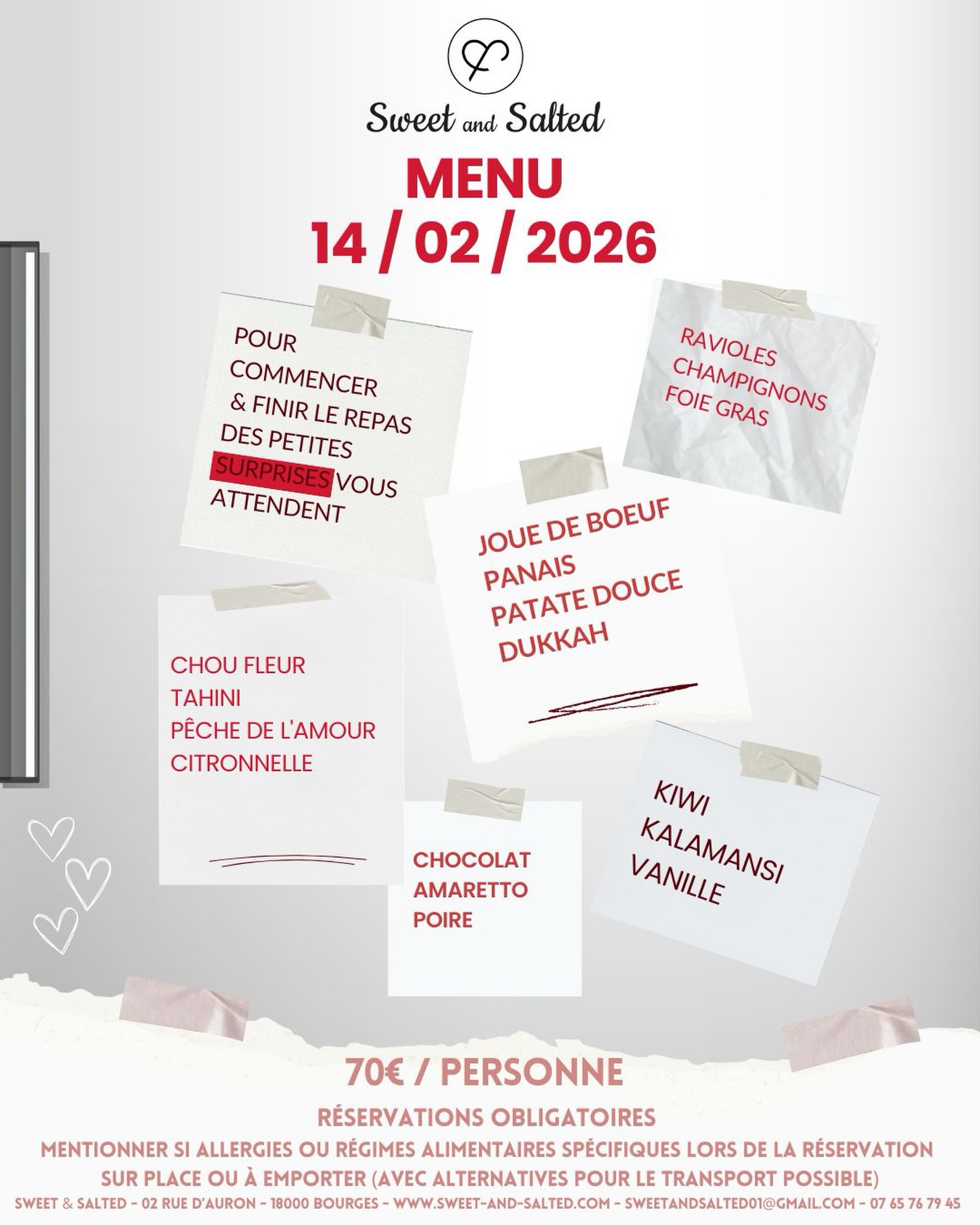 L’idée de ce post est inspirée de nos attentionnées préférées 🫶🏽Daphnée & Magali 🫶🏽 qui ont remis au goût du jour les petites attentions du quotidien… à coups de post-it 💛
Alors à votre tour d’accrocher ces délicieux petits mots 💌 sur votre frigo.
& qui sait ? Peut-être que votre moitié comprendra le message… & vous invitera pour ce samedi soir si particulier 🤩
C’est aussi le moment parfait pour partager un bon repas avec une belle personne : ami(e), date, collègue ++,crush du moment… tout le monde est le bienvenu 🤗!
⚠️ Attention : seulement 16 places assises (et la soirée peut être sportive si vous êtes debout 😅), alors n’attendez pas pour réserver 😉
Pour les menus à emporter, @chef_jordan_antoine fera au mieux comme toujours, pour que vous profitiez du menu
en mode cocooning à la maison 🏡 (quelques adaptations pourront être proposées pour faciliter le transport & la chauffe 🧳).
Un menu toujours plein d’amour 💕 des produits locaux, & un mariage de saveurs venues des quatre coins du monde 🗺️!
À qui écririez-vous ce post-it sur ton frigo ? 💌
👉 Qui inviterez-vous ( ou vous inviterez ) pour ce dîner qui fait battre le cœur ( & les papilles) ? 😍🍽️
Promis vous ne repartirez pas le ventre ni les mains vides ! 🤭
#menustvalentin #restaurantsurmesure #restaurantbourges #traiteur #sweetandsaltedbourges