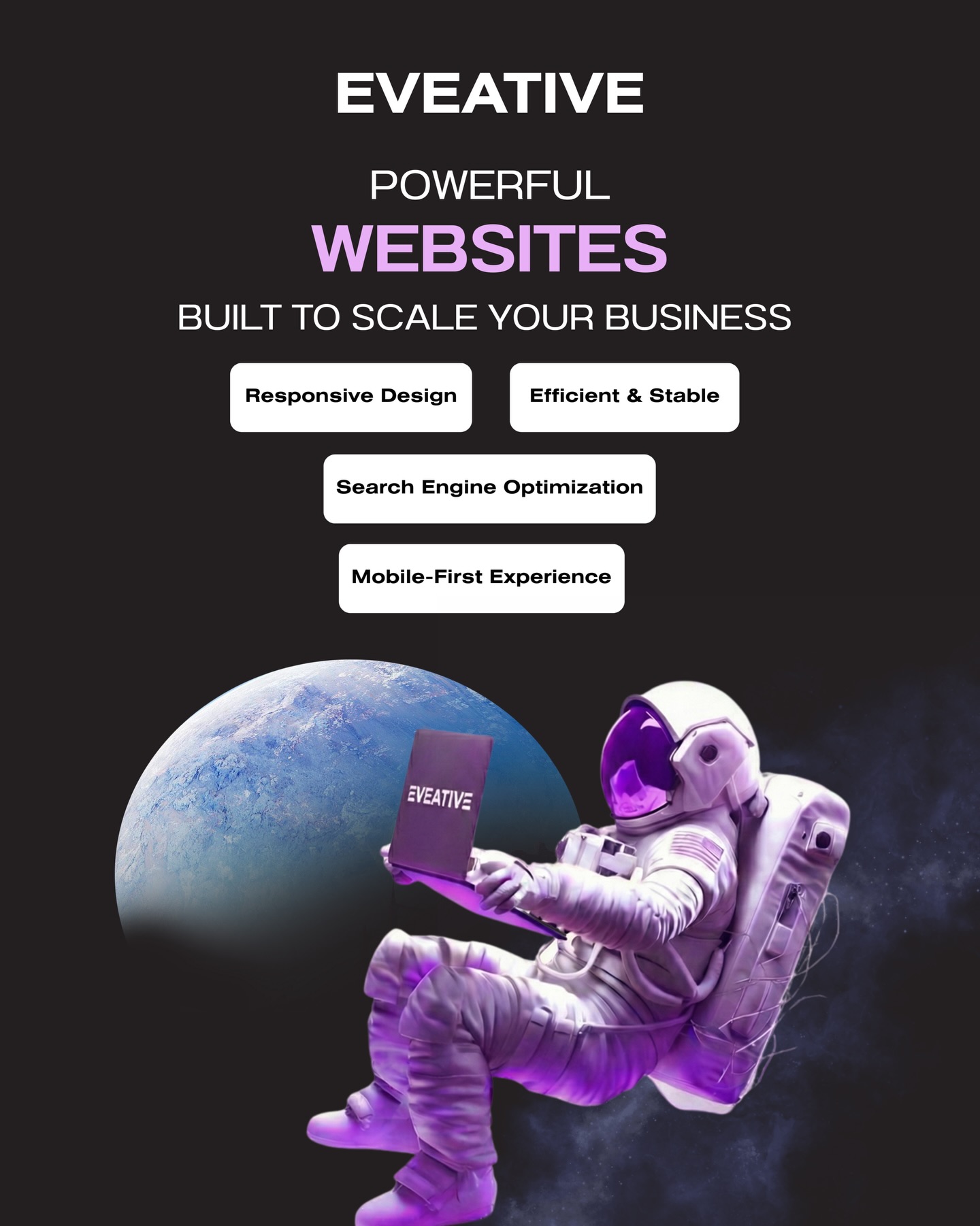 Launch your brand beyond limits with EVEATIVE
We build powerful, high-performing websites designed to grow with your business. 🚀
✨ Responsive Design
⚡ Efficient & Stable Performance
🔍 SEO-Optimized
📱 Mobile-First Experience
Your website isn’t just a page, it’s your digital universe.
Ready to stand out online? Let’s build something extraordinary. 💜🌌
#WebDesign #Eveative #DigitalGrowth #SEO