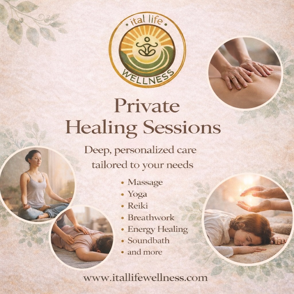 Not everything needs to be done in a group.
Some healing asks for privacy, presence, and space to be fully met.
Our Private Healing Sessions are designed for moments when your body, nervous system, or spirit needs individualized care, without rush, performance, or expectation.
These sessions are slow, intentional, and tailored to you.
What you’re holding.
What you’re moving through.
What you’re ready to release or reconnect with.
Private offerings include:
Massage, Yoga, Reiki, Breathwork, Energy Healing, Soundbath, and more,
guided by trusted facilitators from our Ital Life Healing Collective.
This space is for integration, recovery from burnout, deep rest, and gentle realignment.
A quieter kind of support.
One that meets you where you are.
Bookings are available by request.
Learn more or inquire via the link in bio.
Calm is not a luxury here.
It’s the work.
#ItalLifeWellness #PrivateHealing #NervousSystemCare #HolisticHealing #SacredRest