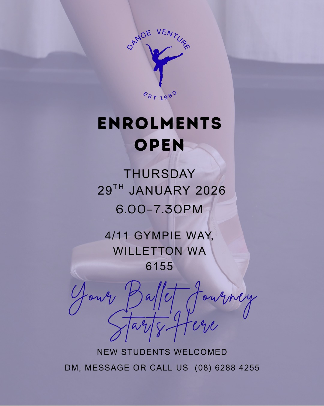 🩰 ENROLMENTS OPEN 🩰
Thursday 29th January | 6:00–7:30pm
Join us at enrolment day!
Offering RAD ballet, contemporary, and jazz for all ages
New students welcome ✨
Your ballet journey starts here.
📍 4/11 Gymie Way Willetton, 6155
📩 DM us
📩 call (08) 6288 4255
📩 email admin@danceventure.com.au
#enrolnow #ballet #radballet #contemporary #jazz #lyrical