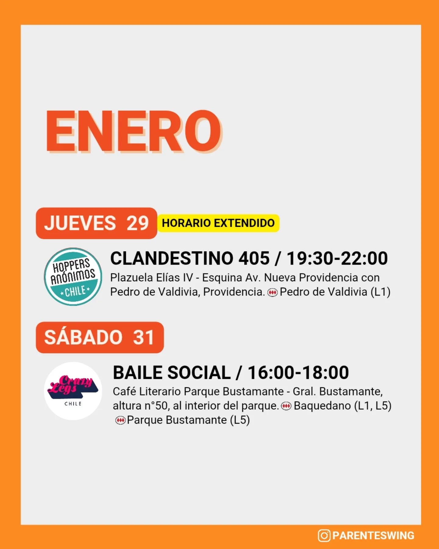 ✨Todos los eventos son gratuitos y abiertos a todo público, a menos que se indique valor de entrada 💸
‼️Cualquier modificación o nuevo evento en los comentarios👇🏻 y/o por historias 👆🏻
🤔 Qué es un Clandestino o Baile Social?
Una instancia donde fanáticos de los bailes swing (Lindy hop, Balboa, Shag, Solo jazz) se reunen a compartir, hacer comunidad y a la vez, practicar.
❌ Las actividades publicadas NO son instancias de clases para aprender a bailar, a menos que se indique “Taller” o “Clase Abierta”.
👀 Quieres aprender a bailar?
En nuestra historia destacada “CLASES” está toda la información y formularios de inscripción a los cursos del mes de las escuelas de bailes swing ✨
Nos vemos en la pista! 💃🏻🕺🏻🔥
#lindyhopchile #swingchile #panoramasgratis #swingdancechile #swingdancingchile