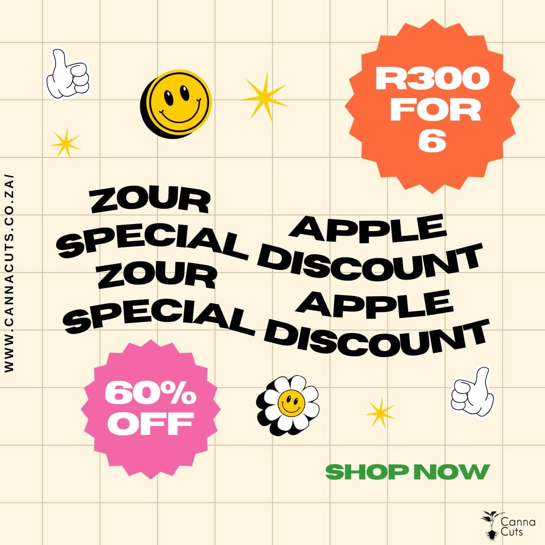 ZOUR SALE!
Valid until 31 July - Get 6 Zour Apple cross clones for R300!
Only available @ www.cannacuts.co.za
#SALE #GrowYourOwn #CannaCuts #Clone