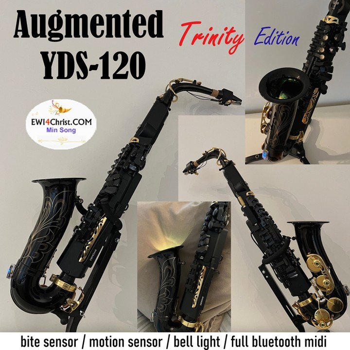 This is the final version of my augmented YDS-120 digital saxophone. I added a bite sensor and a motion sensor. I attached a real alto saxophone bell and neck. Inside the bell, there is a illumination light. I have christened it the Trinity Edition. It is created for performance at church.
https://www.ewi4christ.com/post/augmented-yds-120-trinity-edition
#ewi #windcontroller #yds #yds120