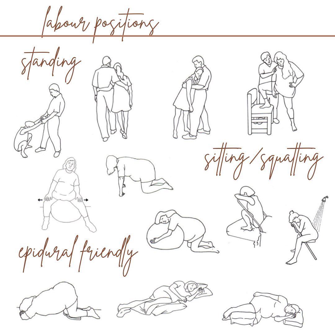 A few examples of the types of positions that are often used as comfort measures during labour. If you’re a client of mine you’ve likely seen these illustrations - I love them! I think the visual is so helpful to understanding that there’s not one position, or even type of position that works for everyone through every stage of labour. Follow your body and intuition to find a pattern of positions and movements that works for you. It’ll look different for each person, each labour, each stage of labour and sometimes even each contraction. Although it’s good information to have, don’t worry about getting wrapped up in the technical names of the positions or what they’re all used for (that’s my job!😉) - Trust your body, and baby to know what’s comfortable and go with the flow🤍