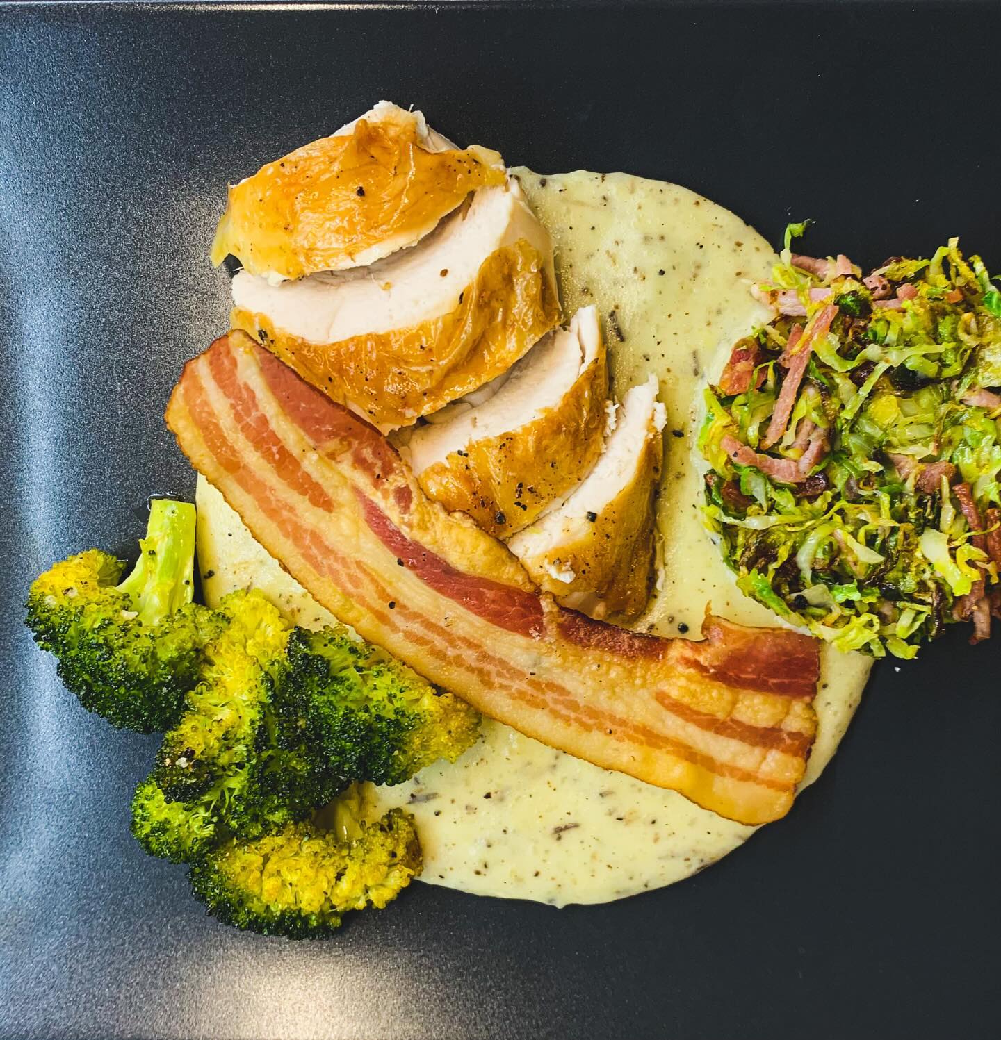 This week’s recipe was roast chicken with truffle mashed potatoes, grilled broccoli and bacon fried Brussels sprouts. Take a look and try.