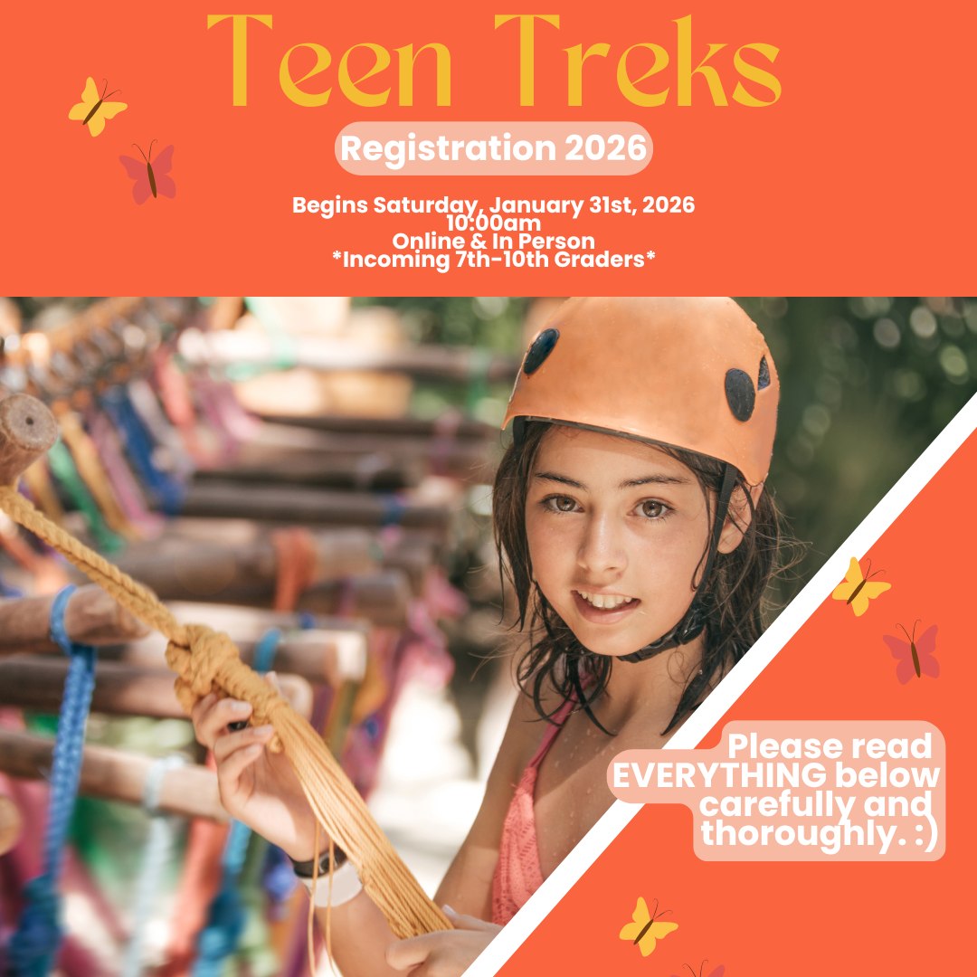 Teen Treks Camp registration is THIS Saturday, 1/31 at 10am. All of the necessary forms & information can be found on our website, as well as an example calendar.
Join us for all 6 weeks or, NEW this year (!), the first or last 3 weeks. We're excited to spend the summer with both returning & new Teen Treks campers! See you Saturday; online or in-person. :)