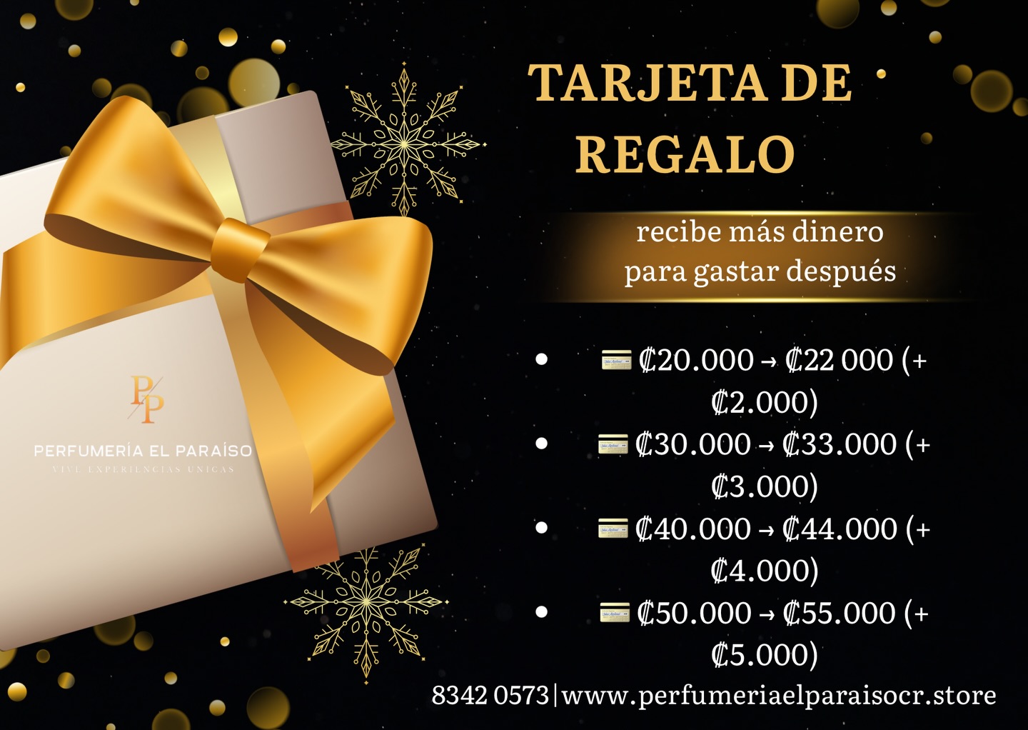 No quieres complicarte🤷♂️, y quieres regalar. no solamente puedes enviarle a la persona a esa persona especial ✨la tarjeta por medio de correo electrónico u en físico, sino que te damos Cashback💸🤑, según el monto de la tarjeta que adquieras.
Desde la página web www.perfumeriaelparaisocr.store, puedes personalizar 🎁 el monto que quieras regalar desde los 20 mil a 150 mil