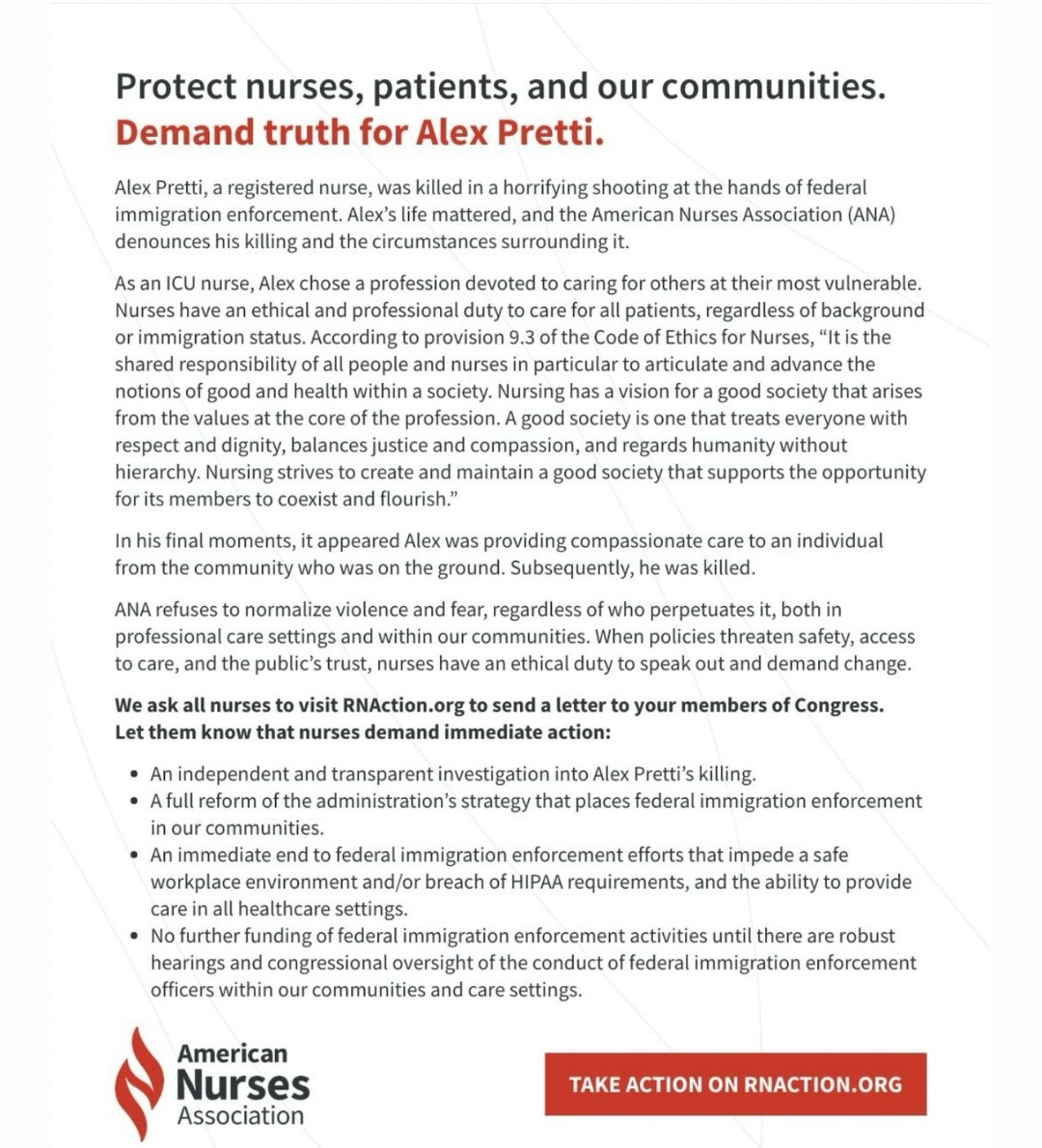 Thank you to the @americannursesofficial for this call to action.
In response to the killing of Alex Pretti, we’re asking you to visit RNAction.org and send a letter to Congress.
It only takes minutes.