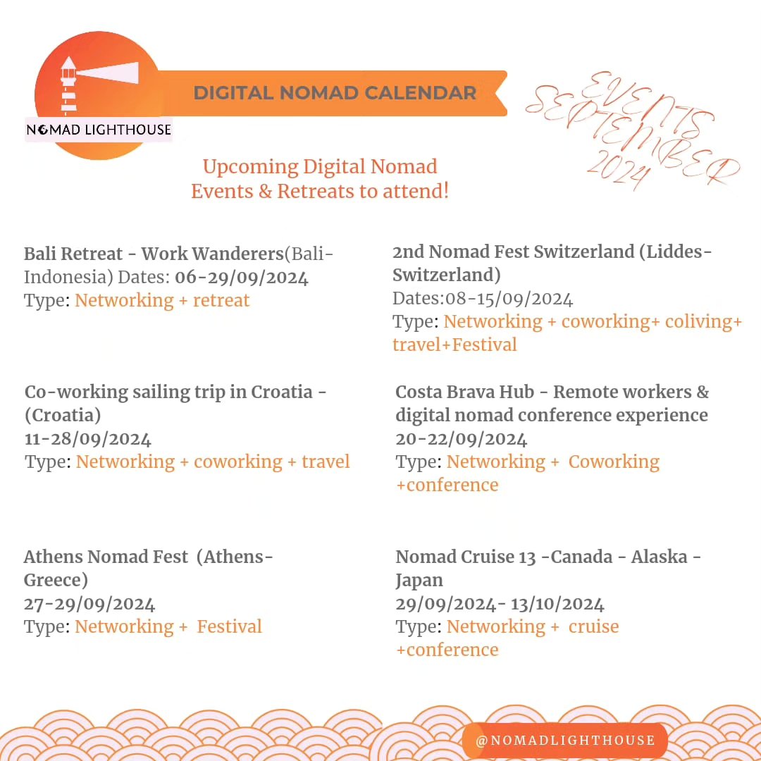 🌍✨ And this year is really busy with lots of interesting events for Digital Nomads! 🌟 Check the upcoming events happening in September around the world 🎉
#DigitalNomads #NomadLife #RemoteWork #AdventureAwaits #ExploreMore
#NomadLighthouse #DigitalNomadLife #nomadevents #WorkAndTravel #RemoteLifestyle