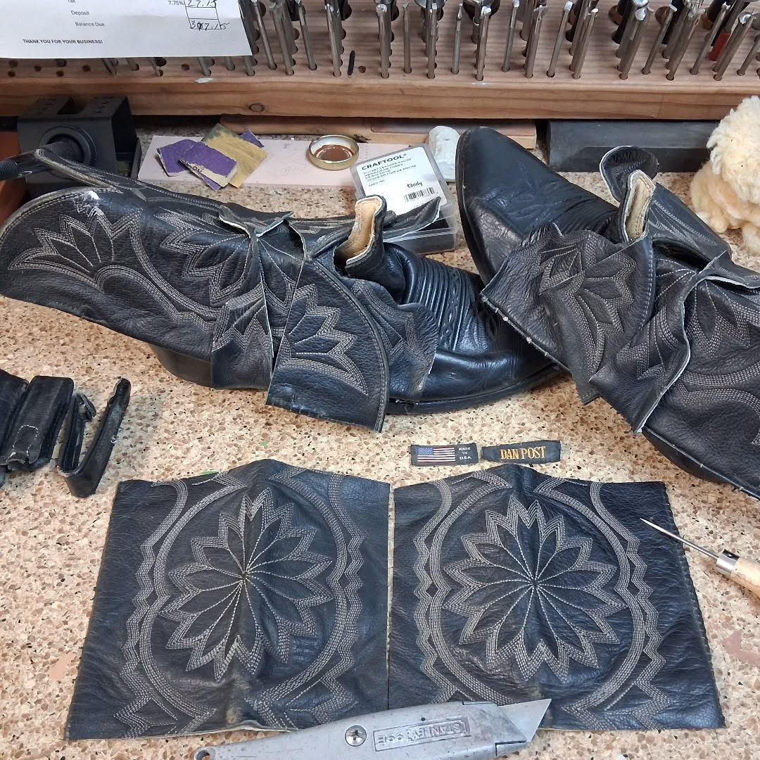In the process of turning this customer's father's boots into a fat bifold for heavy cash storage. Stay tuned.....