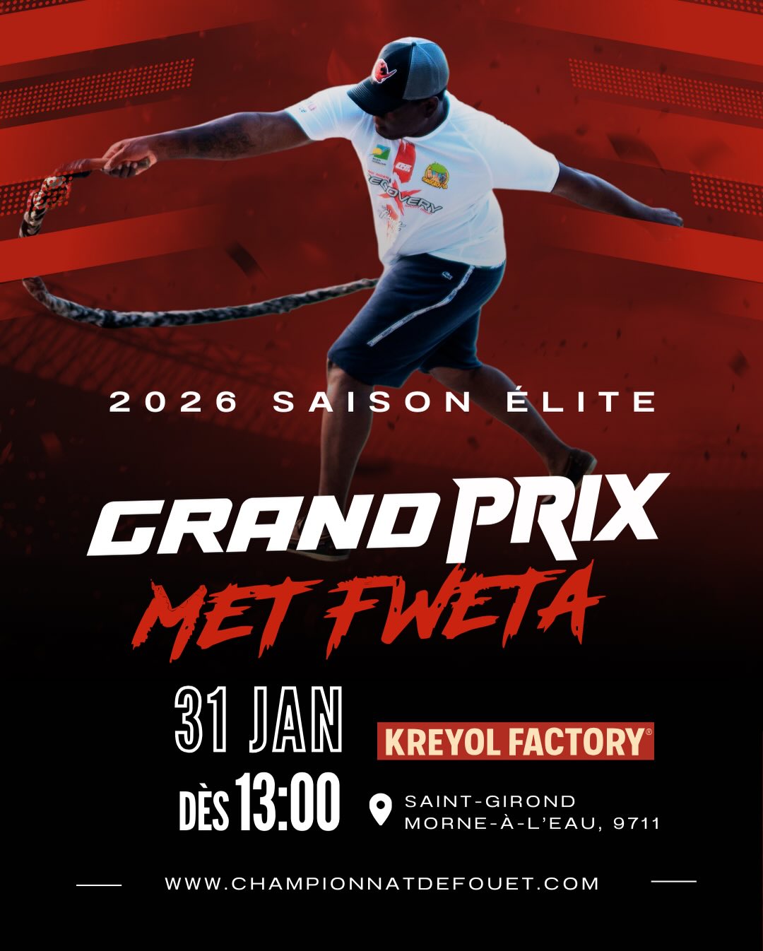 Le spectacle continue 🔥
Le Championnat de Guadeloupe de Fouet 2026 vous donne rendez-vous
📌 Grand Prix MET FWETA à @kreyol_factory
🕐 Ce samedi à partir de 13h
Ambiance, passion et compétition au rendez-vous !
