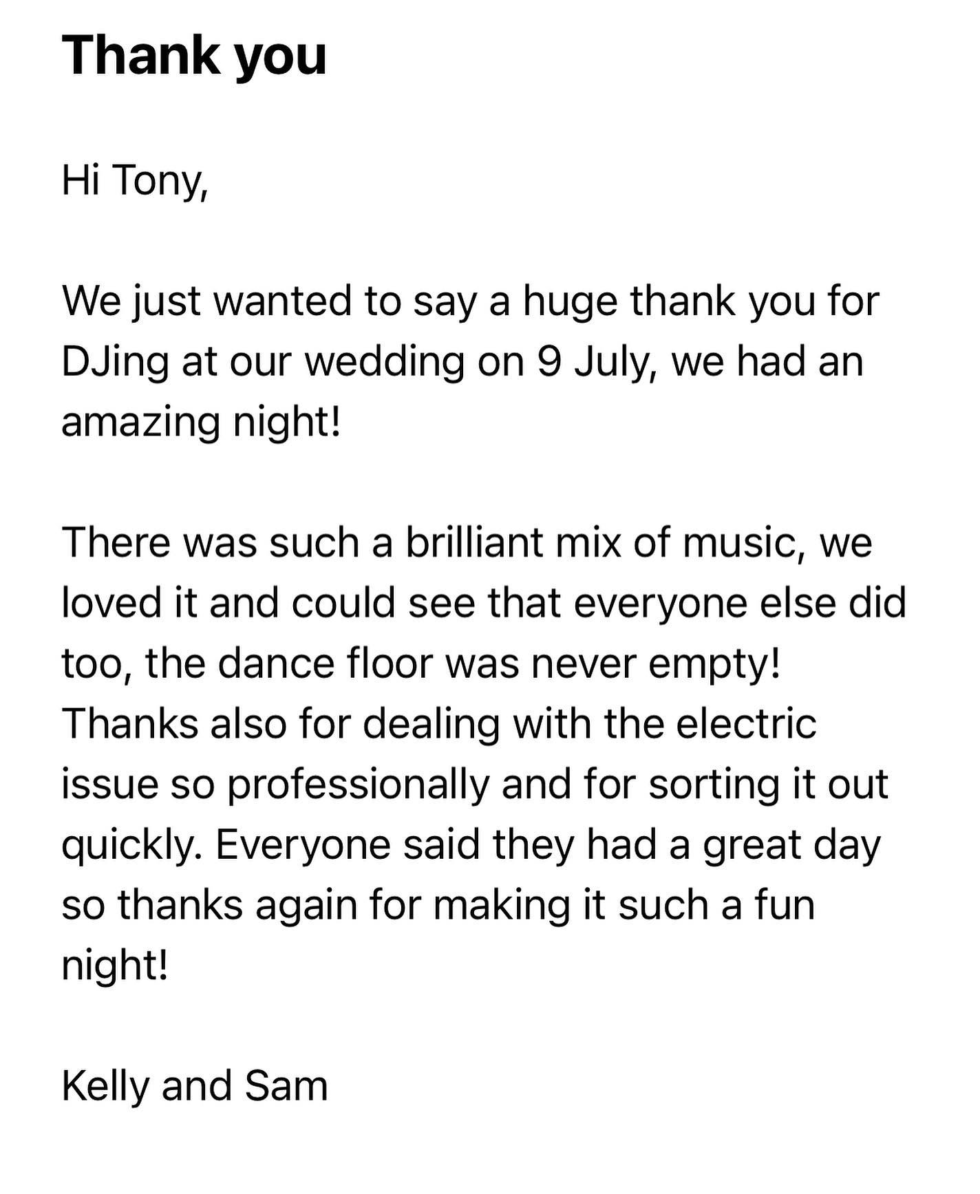 I love my team, and I love when my sets have an impact. I had to stop at 11pm, weird electrical issue, and yet 2 mins later everyone was back in the room. The ‘cheese’ element was low, and this incredible couple trusted me to flesh out their choices with my own selection and energy….. Weddings, Festivals, Club nights (and days!), it’s just a breeze. You know, like running a DnB drum loop under Sam Fender, for fun…… #djlife #7moreleft #sugarbumps #team