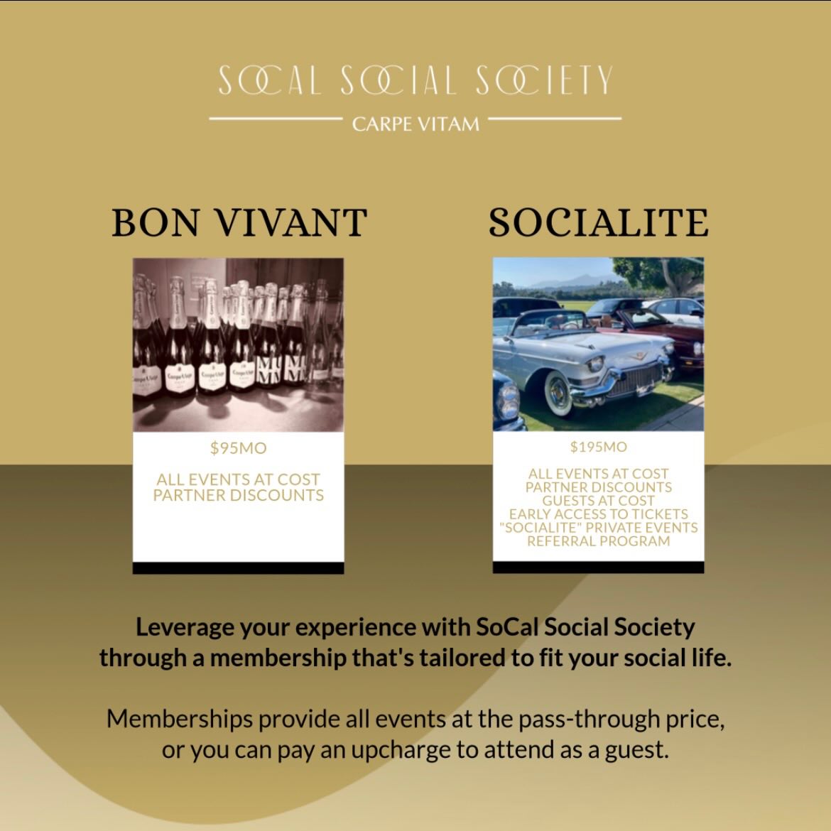 SSS Founding Members (first 25 to join) will receive exclusive perks including an annual Founding Members celebration. 🥂
Welcome to SoCal Social Society!