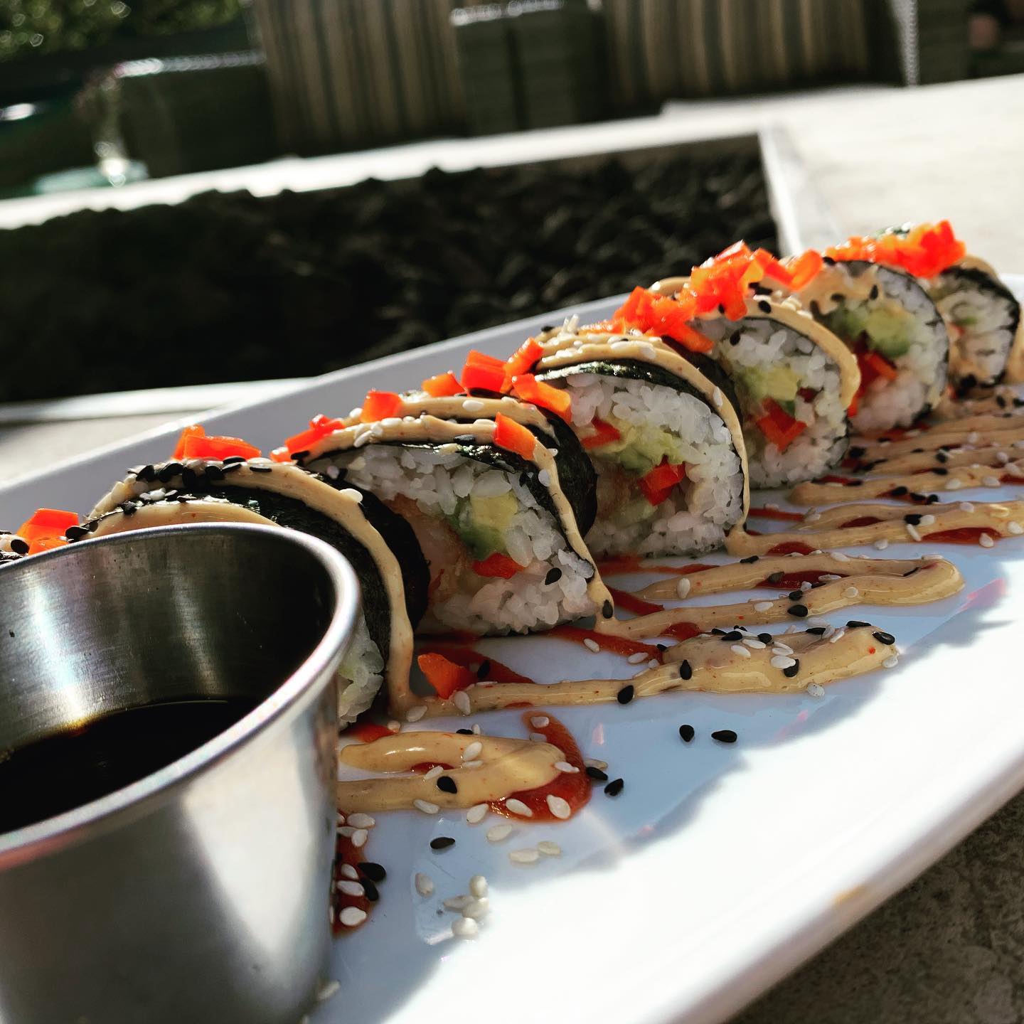 Not only are we the only patio with a TV, but now we are the only sit down place to get sushi! So come down to Woodleys at the Harbour House Hotel and have a tempura prawn roll, rolled to order!