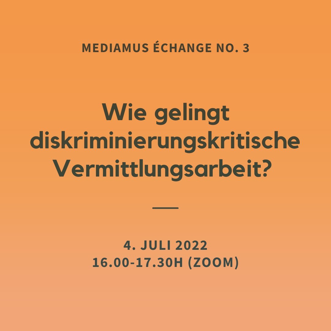 Weshalb ist es fĂŒr Museumsvermittler*innen wichtig, diskriminierungskritisch zu arbeiten? Welche Werkzeuge und Kompetenzen mĂŒssen fĂŒr eine diskriminierungskritische Vermittlungsarbeit entwickelt werden? Wie können Vermittler*innen die eigene Praxis konstruktiv reflektieren? Wie kann ĂŒber Gender und sexuelle Vielfalt im Museum gesprochen werden? Wie gelingt es uns, rassismuskritisch zu sprechen? Und: was tun bei Widerstand und Verweigerung?
⥠Am Montag, 4. Juli 2022, treffen wir uns zum virtuellen Austausch und diskutieren gemeinsam, wie diskriminierungskritische Vermittlung im Museum gelingen kann.
Unsere GĂ€ste aus dem @stapferhaus , @mahfribourg und dem @weltkulturen.museum werden den Austausch mit konkreten Fallbeispielen aus ihrer Vermittlungspraxis einleiten.
Die Veranstaltung ist kostenlos und steht allen Interessierten offen. Anmeldung und weitere Informationen auf mediamus.ch oder via Link im Profil đ
Wir freuen uns auf den Austausch mit euch!
#kulturvermittlung #museumsvermittlung #diskriminierungskritischebildung #inklusion #inklusionimmuseum @monaceca @bundesakademie @kuverum @politforum_bern @forum.culture @hkb_arteducation @bae.arteducation.zhdk @swiss.art.education