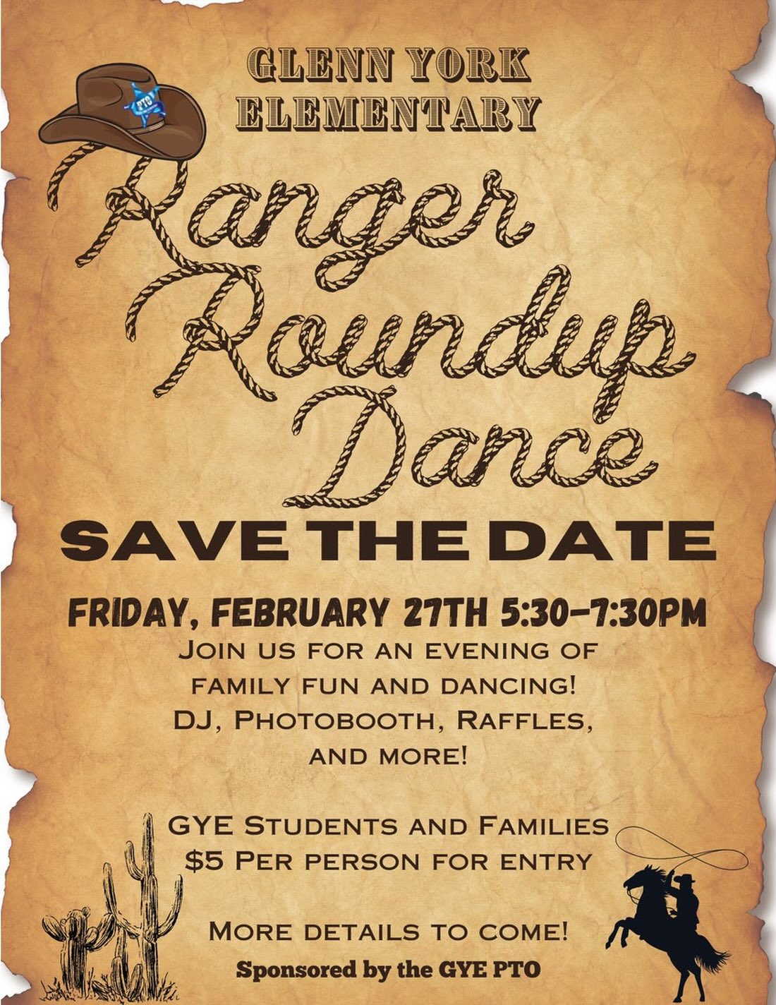 Get your boots on and two step over to GYEโs Third Annual Ranger Roundup Dance! Itโs sure to be a boot scootinโ time for all!
DJ - GAMES - PHOTO BOOTH - FOOD TRUCKS - RAFFLE ITEMS
Purchase entry tickets for the whole family and raffle tickets for some amazing items.
February 27th, 5:30-7:30
GYE Cafeteria
Ticket required (per person) for entry.
**$5 pre-sell valid until 2/25, no code needed! $10 after** Link in bio!
