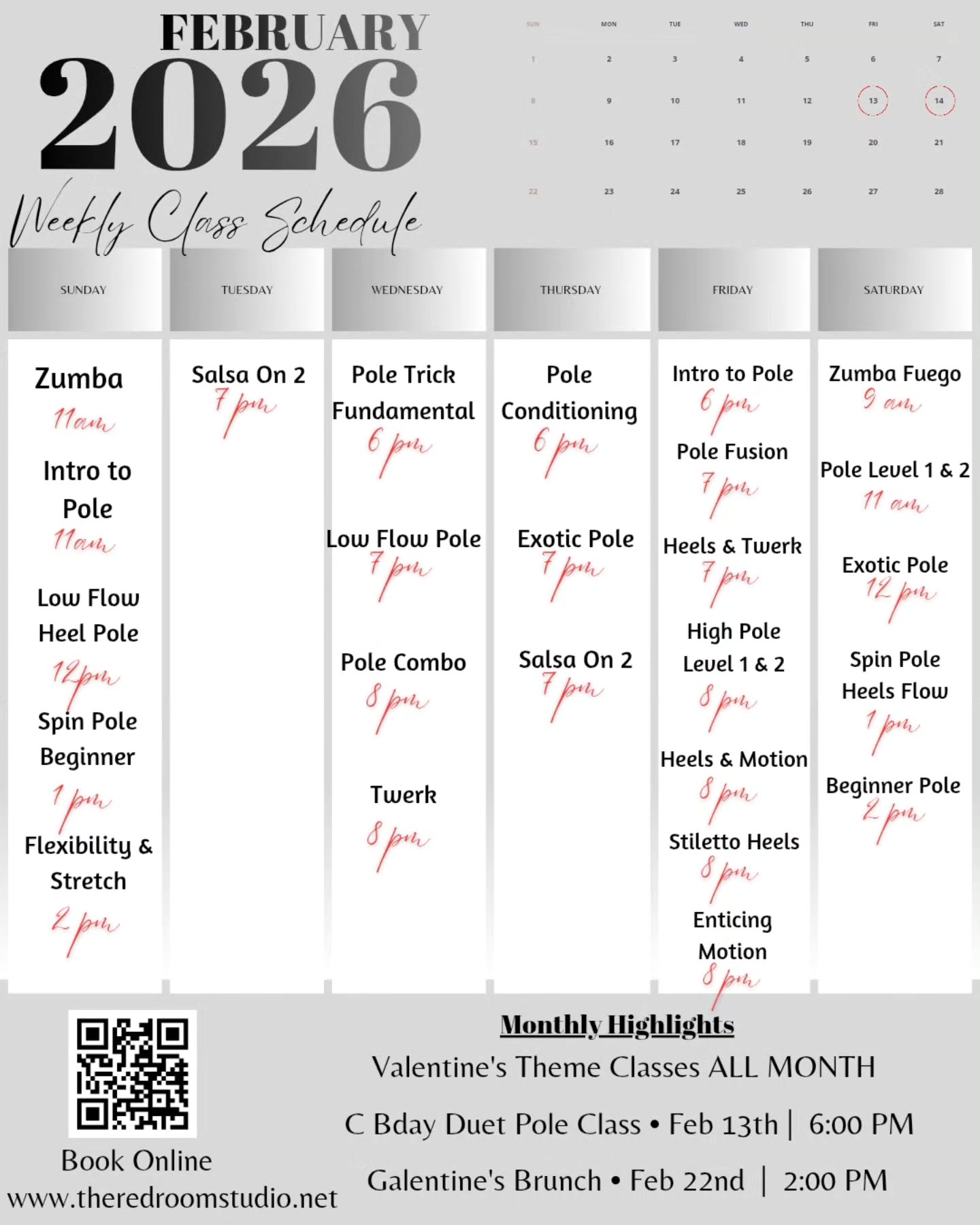 February Calendar 📅
Serving you heat 🔥 all month long...
CLASSES
✨️Lover Girl Heels & Twerk (chair dance)
Feb 6th | 7:00 pm w. @diart_dance_
✨️Sexy Stiletto • Seduction not Perfection
Feb 13th & 27th | 8:00 pm w. @dancingwithjuju
✨️Love On You Zumba "Fuego"
Feb 14th | 9:00 am w. @jag_campeon
✨️Valentine's Pole Exotic
Feb 14th | 12:00 pm w. @diana_poledance_nj
✨️For The Love of Zumba
Feb 15th | 11:00 am w. @zumba.melissa
✨️Lovers & Motion (sensual chair dance)
Feb 20th | 8:00 pm w. @heychanny
Booking/Registration closes 1 hour before class start time
WORKSHOP
✨️Crystal's Bday Duet Class | Feb 13th • 6:00 pm-8:00 pm
EVENT
✨️Galentines Brunch | Feb 22nd • @the_origin_lounge
Reserve your spot in advance online 😉 www.theredroomstudio.net
#theredroomstudio #dancestudio #polestudio #cliftonnj #njdancestudio