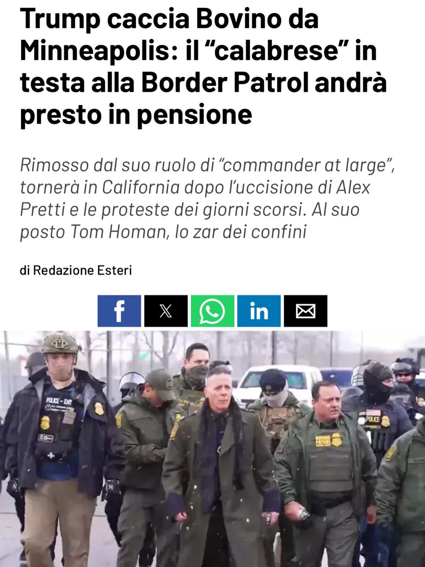 Bovino, capo dell’ICE di Minneapolis rimosso dopo l’uccisione di Alex Pretti, un civile innocente.
Bovino, un cognome italiano.
Discendente di una famiglia calabrese emigrata negli Stati Uniti.
Eppure oggi è lui a chiudere la porta in faccia a chi fugge e cerca protezione.
Questa è l’ipocrisia delle politiche di frontiera:
chi è nato grazie all’accoglienza, oggi ordina repressione e violenza istituzionale.
Come Movimento 5 Stelle diciamo NO a questo modello.
No alla violenza di Stato.
No alla paura usata come strumento politico.