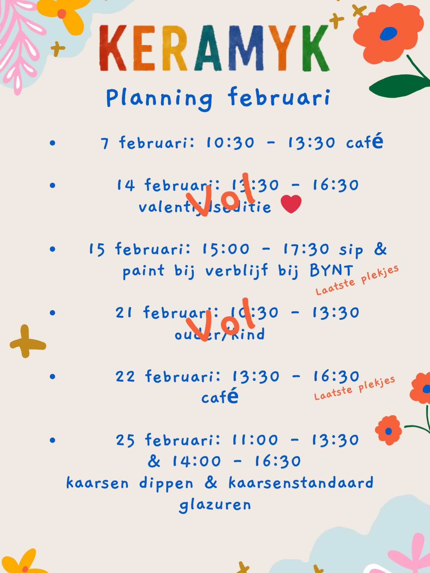 Wow oké!! De planning van februari is heel snel vol gelopen 😍😍!! Wil jij nog een plekje in het café of bij een van de workshops? Wacht dan niet te lang met boeken 😍😍🤩!!
