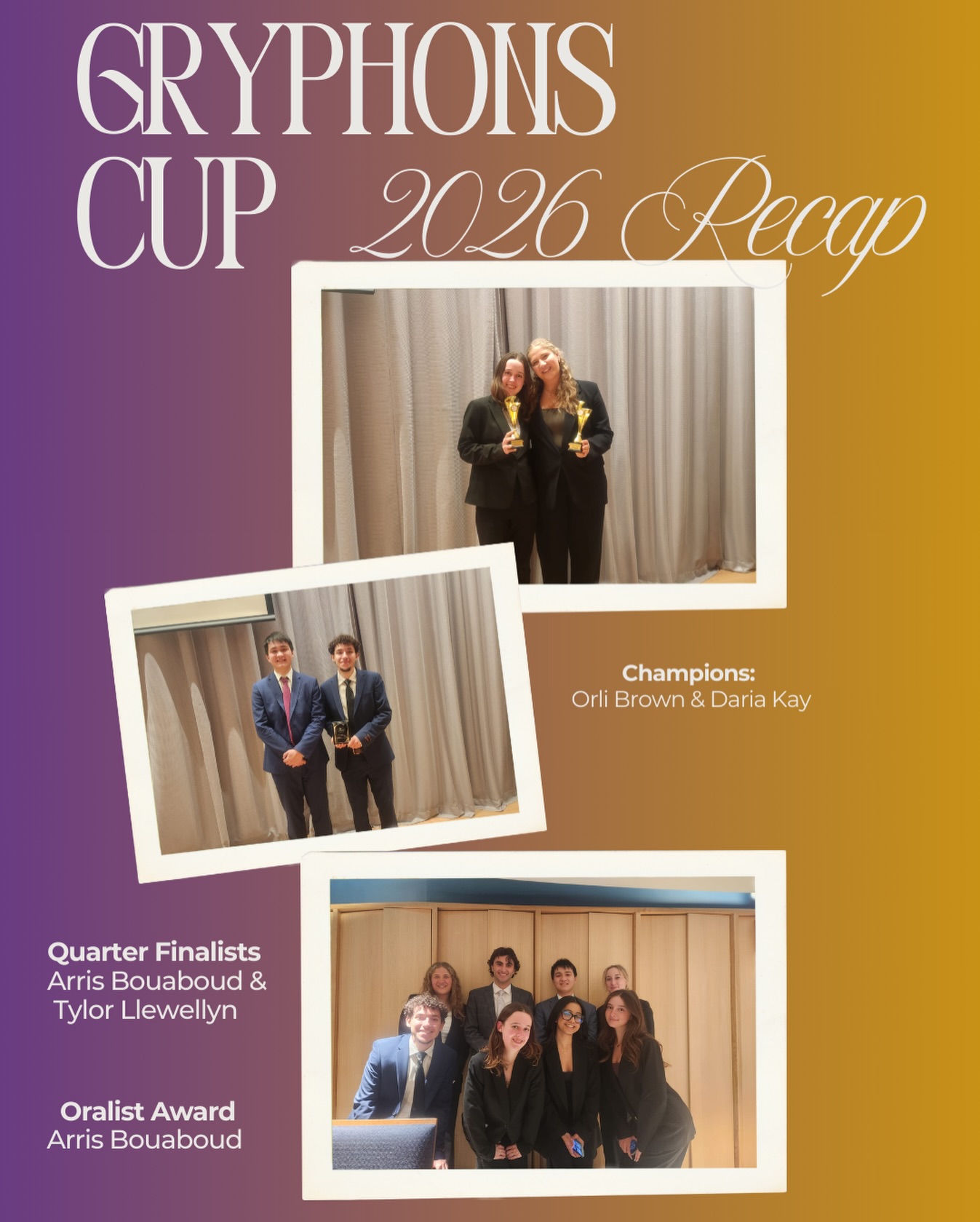 Congratulations to our teams at Gryphons Cup 2026! We were so impressed by the level of advocacy we saw this weekend. You should all be super proud of yourselves ๐ ๐
Shoutout to our Champions Orli Brown & Daria Kay
And our Quarter Finalists Arris Bouaboud & Tylor Llewellyn
Special congratulations goes out to Arris Bouaboud for receiving a top advocate award!
A huge thank you to @guelphprelaw for hosting such a wonderful competition!