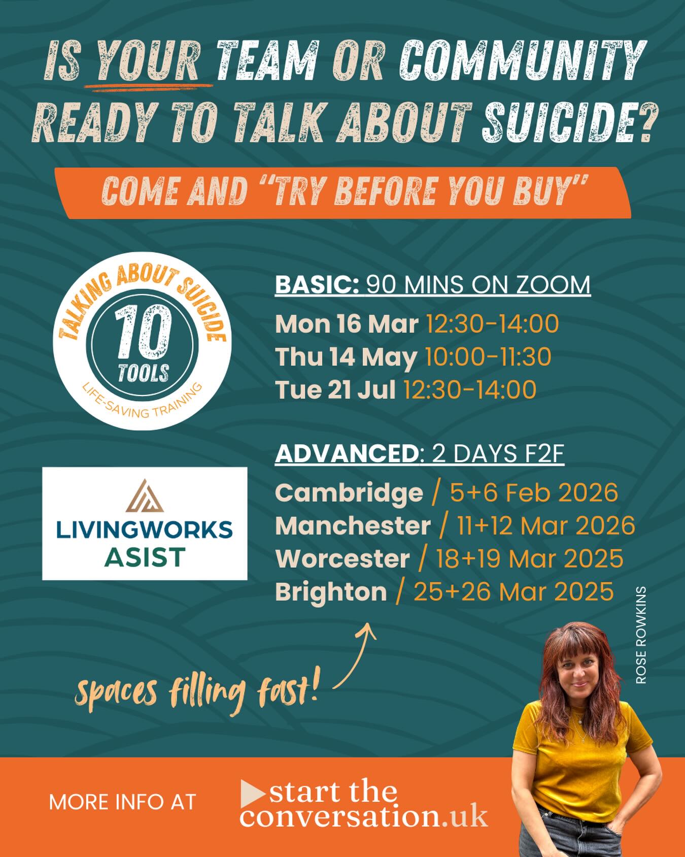 Is 2026 the year *your* team learns how to have a life saving conversation?
Here are a bunch of opportunities (online and IRL) to check out what we do and “try before you buy”
PS you don’t have to have a team to attend. Equally welcome to join us if you are a caring human who wants to learn these skills for yourself, to make your family and friends safer from suicide.
Booking links via insta bio or at www.starttheconversation.uk
TAS:10 was co-created with @annfeloy founder of @ollys.future after her beloved son Oliver took his own life in 2017
ASIST was created by @livingworksglobal in 1983 and has been delivered to over 2 million people worldwide 🌍
🌹
Big up to our awesome trainers and team @teeniewatson @nicks_peace @dansimpsonwords @rachelvanhoven @rise_strongtoday @massage_and_minds @rediscover_mama
#suicideprevention #suicidepreventiontraining