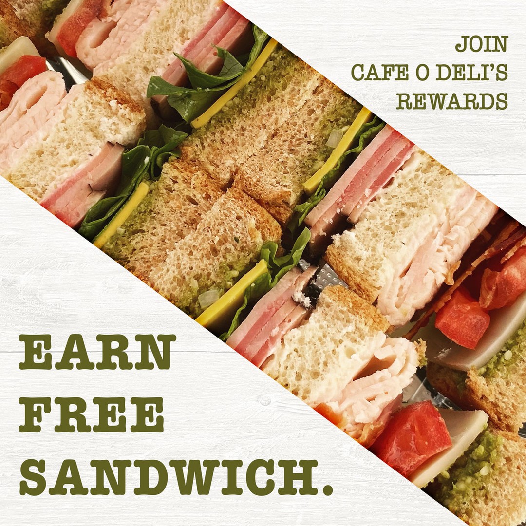 Sign up ➜ Get 50 points
Get 10 points for every $1 spent #cafeodeli #rewards