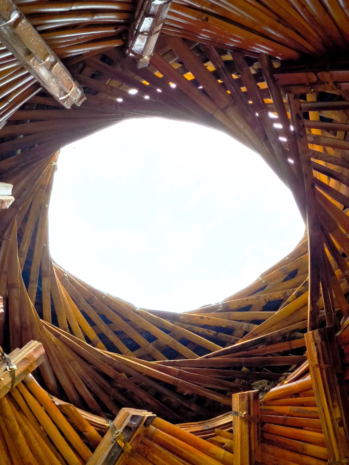 This is the Swirl, inspired by the way air rises and moves. This became an exploration of an organic gridshell envelope for a tower in two levels. In the upper level, the sleeping experience is lucidly softened by the bamboo vortices of the structure.
.
Curving, twisting split beams rise up from an undulating lime-clay foundation wall, creating an experience of deepened roots and light soaring energy. Lidi-bundle beams wrap around in dynamic motion connecting the beams, with splits woven between them.
.
This has been a super fun project, both testing and evolving our experiential design process to find creative solutions to challenging construction situations. Every moment is a space for growth and play and we are excited for the sleeping experience in the upper level!
.
Thanks to everyone who has been part of this co-creation!!... our amazing local team of craftspeople including @cesar.londono.5439 ; Bamboo Lab Generation 6 @lipsma @___casasuyana @fany.dwg @tiph_1608 @oroffe @char.emily.k @angie.araza @pablopasoapaso @camila_sie_rra @nicolas_abrill @mika_cohen_ @_____.libe @ata_ndo_ando @soulyumeke.permacultura @vadasz_ajakember @tolemau5 and so many more energetic hands; @oneregeneration who came back for the phase of lime exploration at the base....
.
#bambooarchitecture #organicdesign #designwithnature #bambootower #liveinnature
